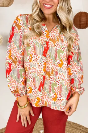 Abstract Split V-Neck Puff Sleeve Blouse