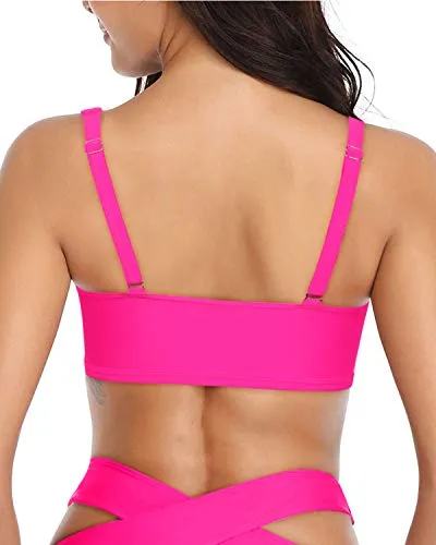 Adjustable Straps Bathing Suit Tops Cute Tie Knot-Neon Pink