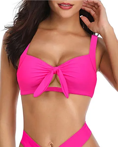 Adjustable Straps Bathing Suit Tops Cute Tie Knot-Neon Pink