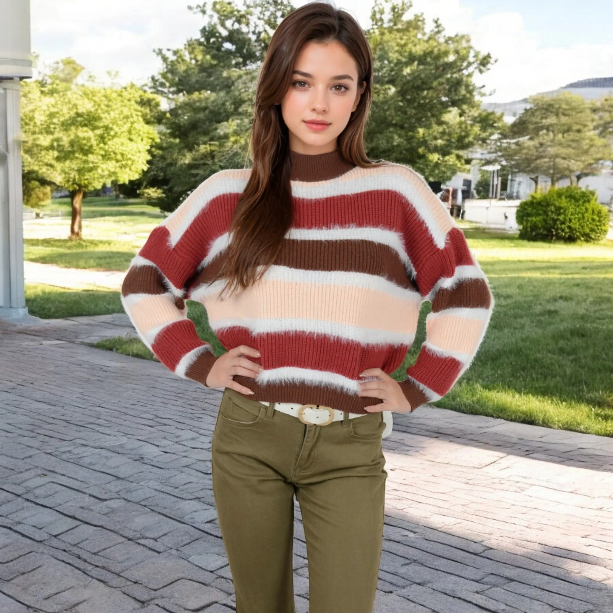 Anna-Kaci Women's Striped Mock Neck Sweater with Color Block Design and Long Sleeves