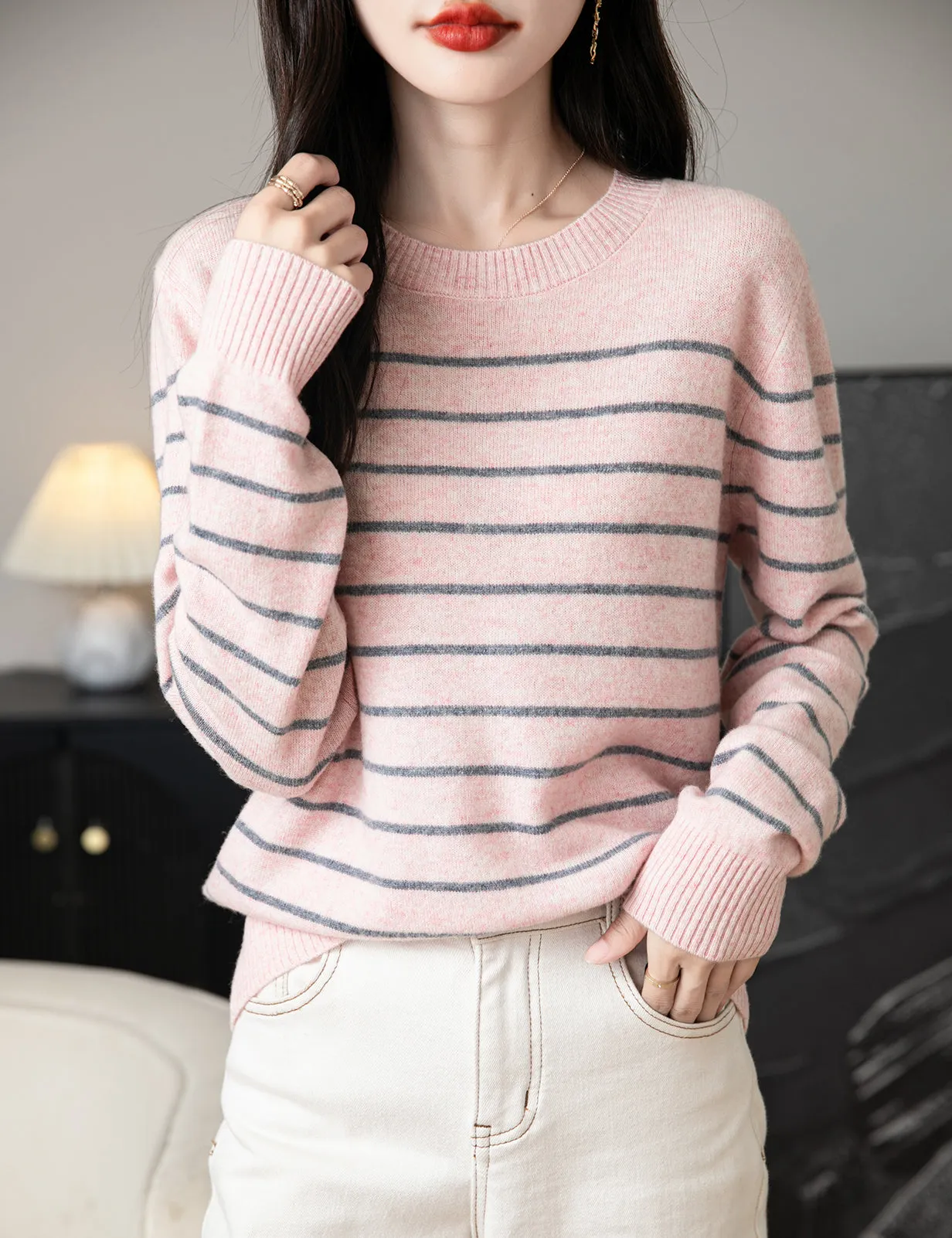 Anna Woman Long Sleeve Stripe Knitted Sweater