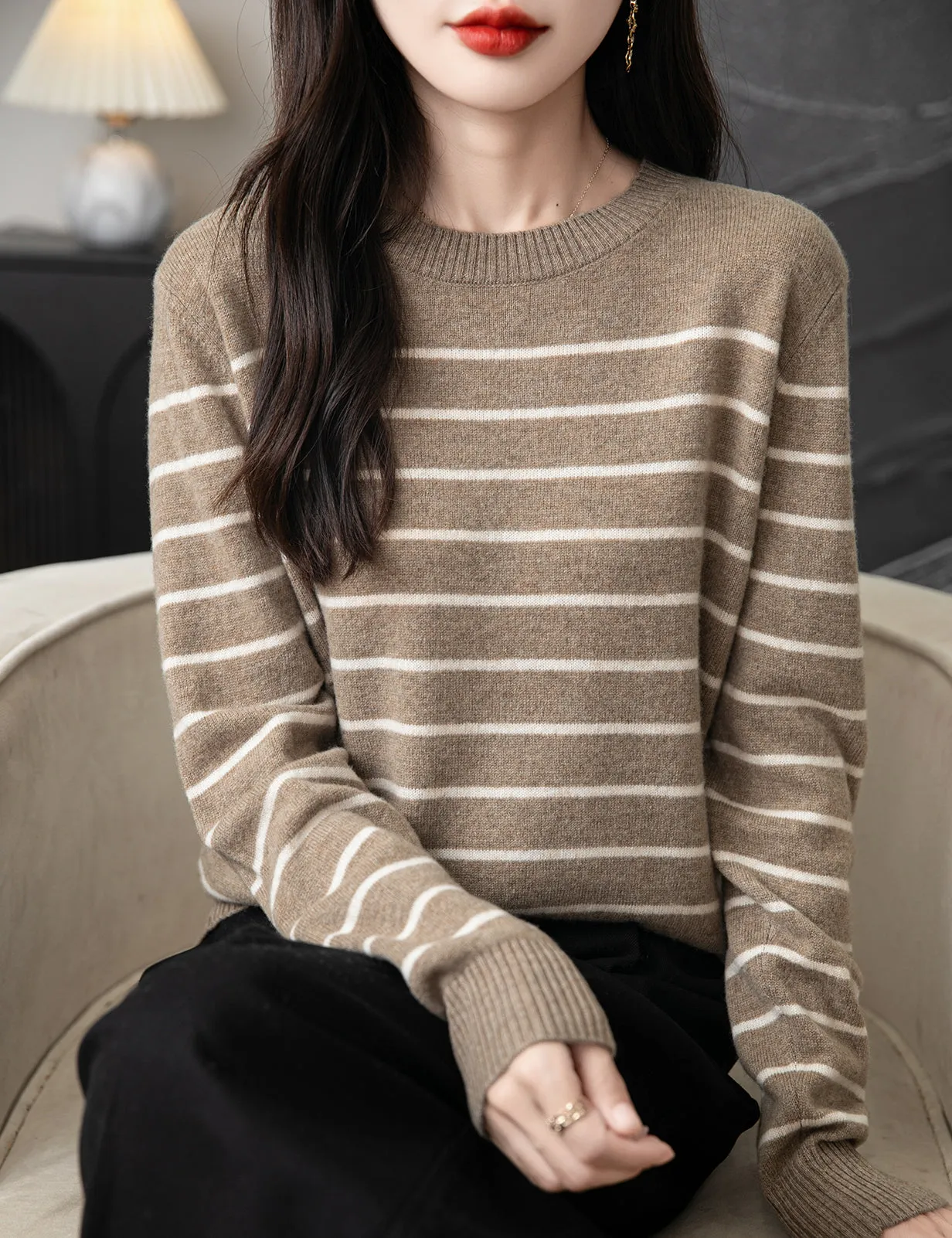 Anna Woman Long Sleeve Stripe Knitted Sweater