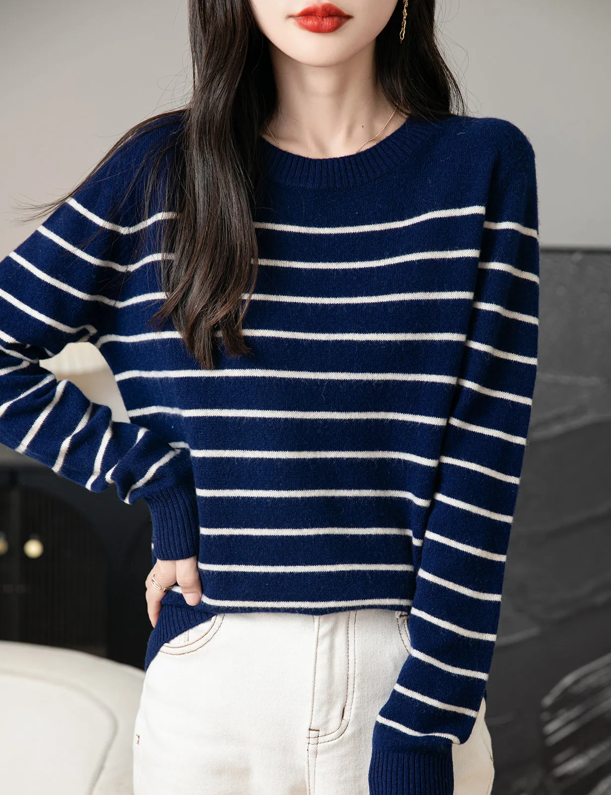 Anna Woman Long Sleeve Stripe Knitted Sweater