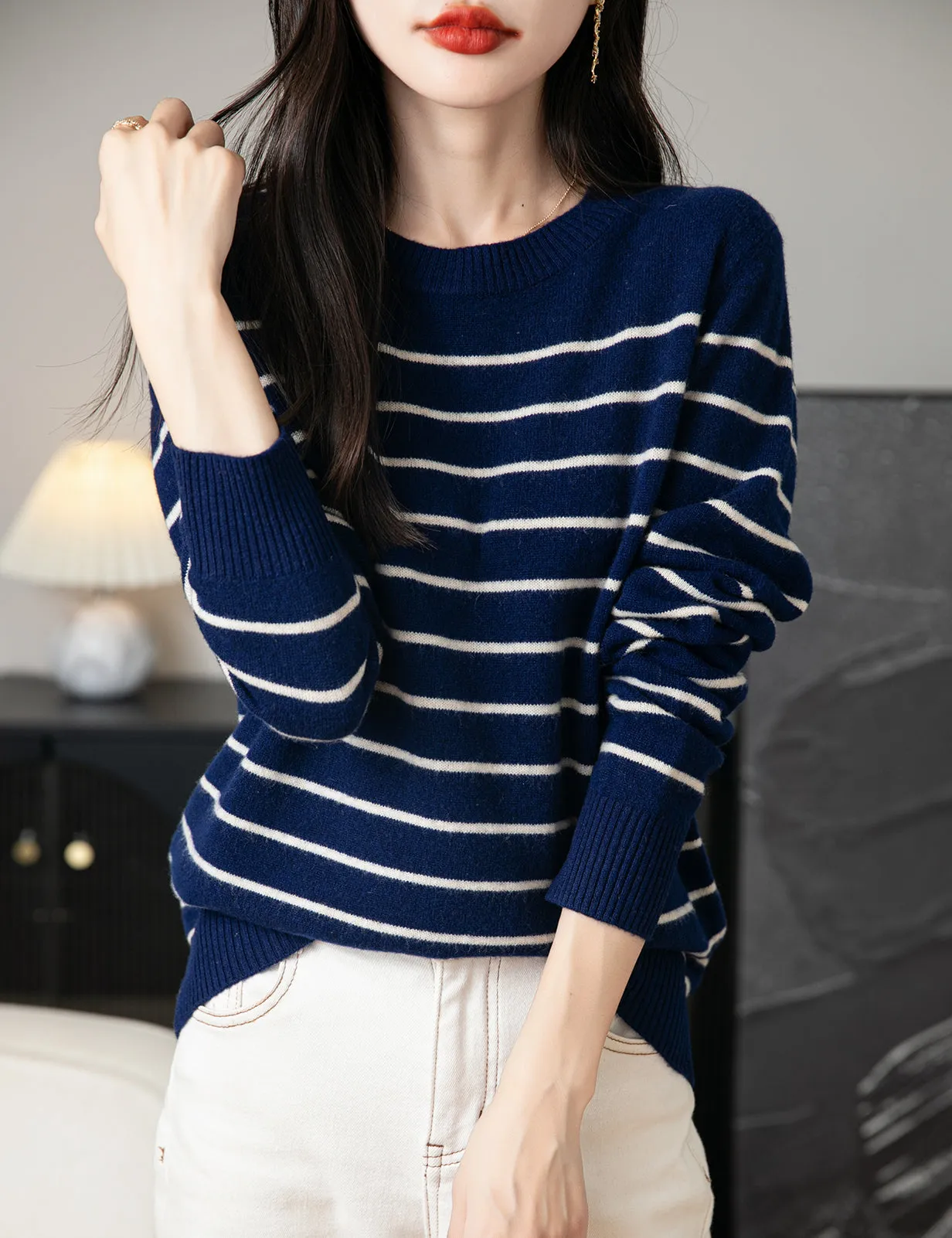 Anna Woman Long Sleeve Stripe Knitted Sweater