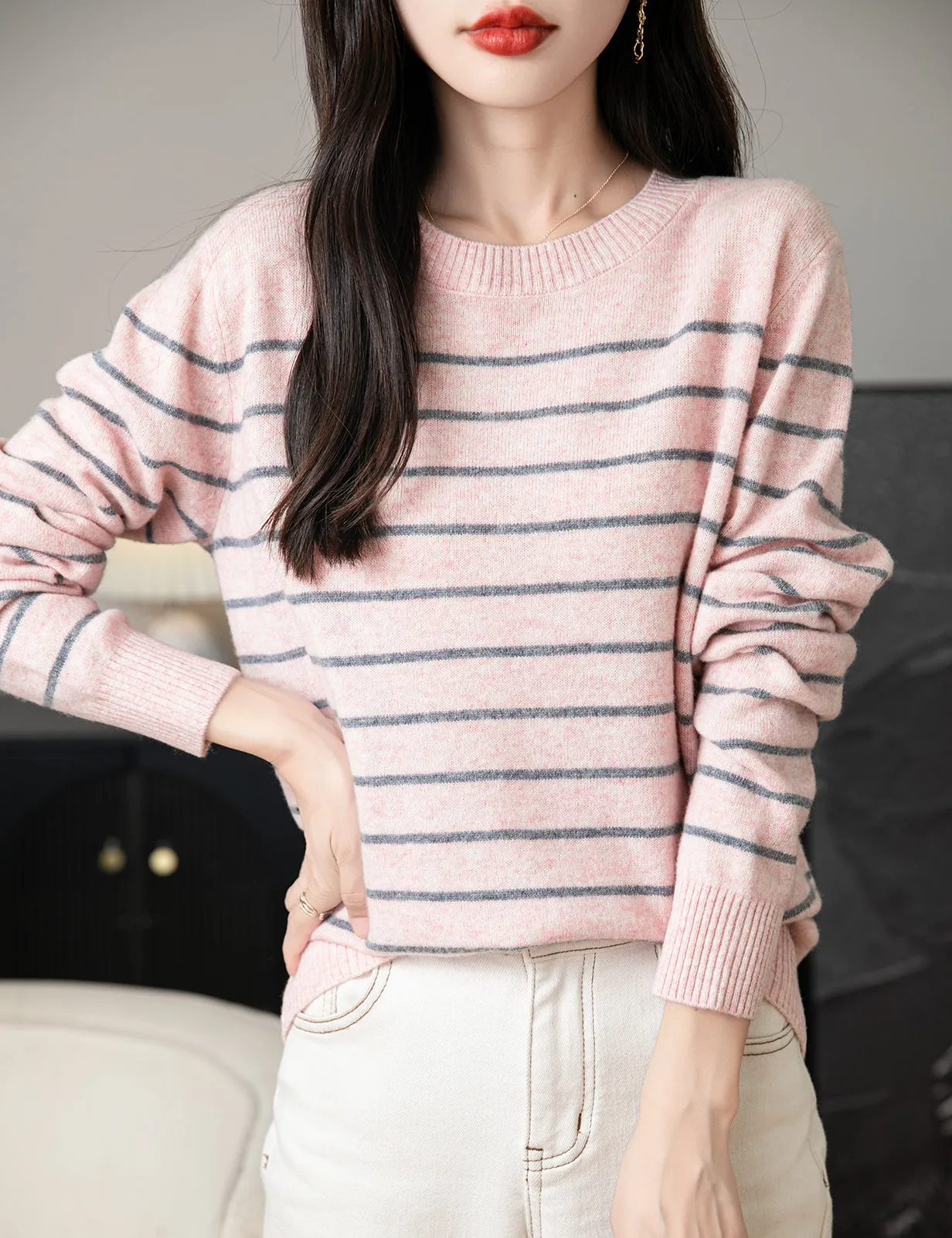 Anna Woman Long Sleeve Stripe Knitted Sweater