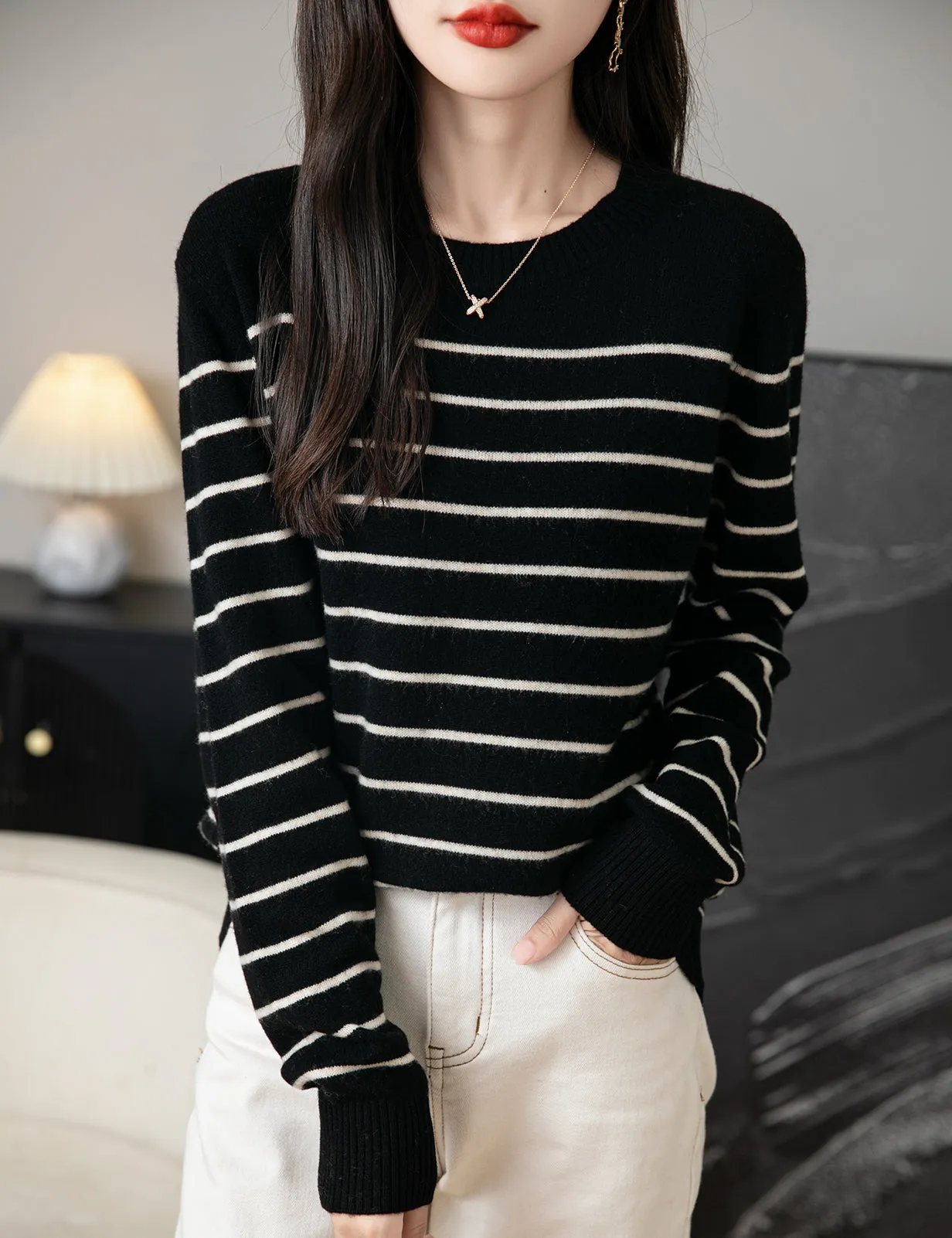 Anna Woman Long Sleeve Stripe Knitted Sweater