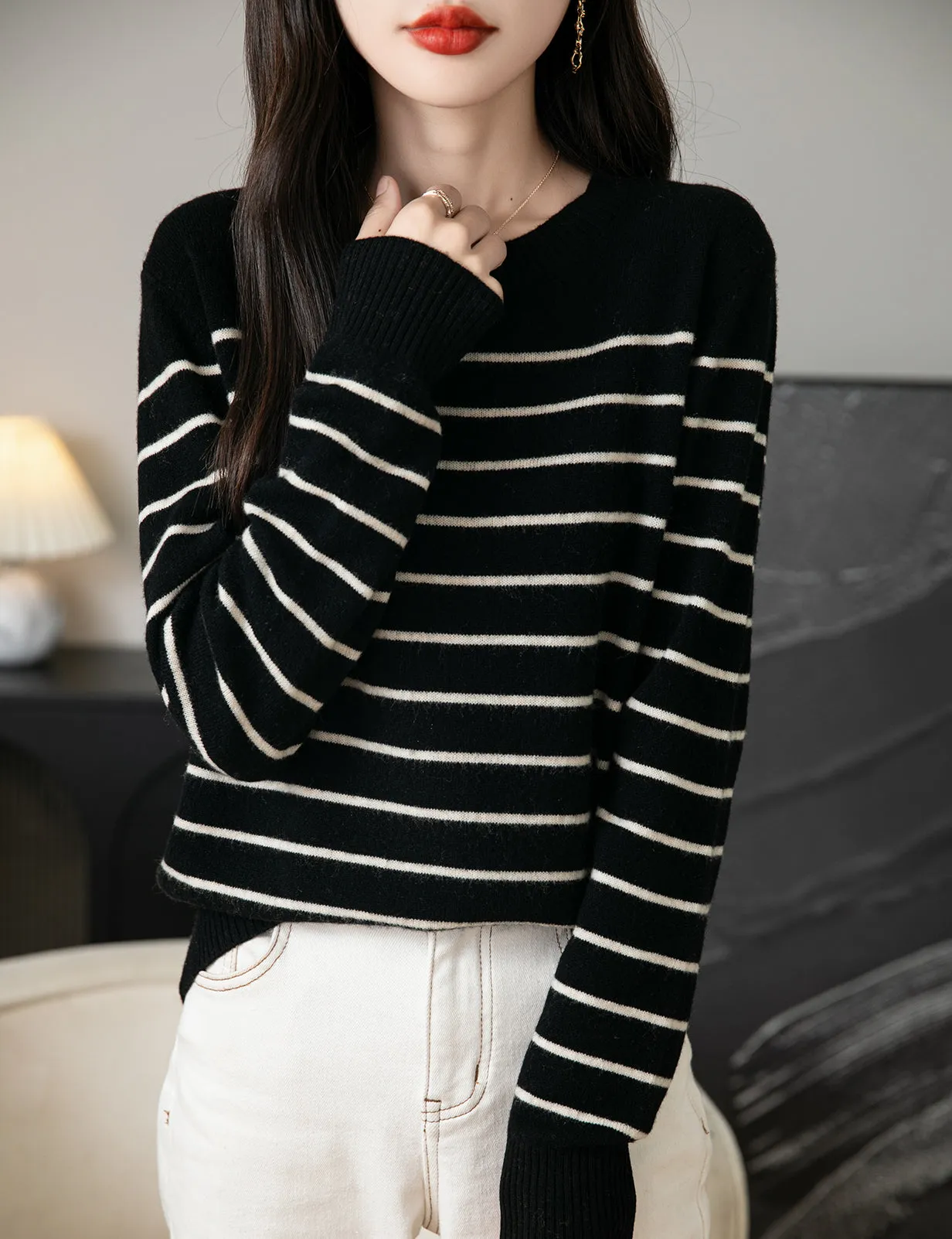 Anna Woman Long Sleeve Stripe Knitted Sweater