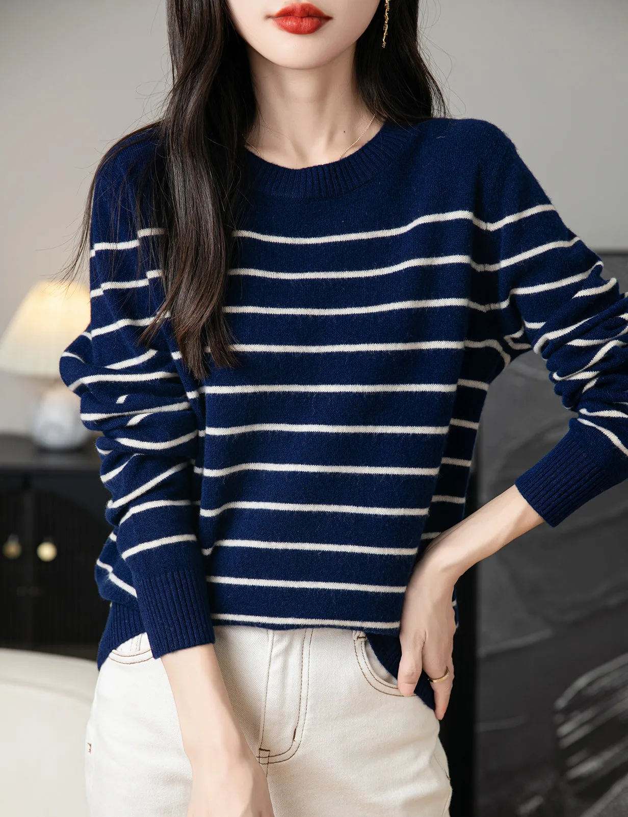 Anna Woman Long Sleeve Stripe Knitted Sweater