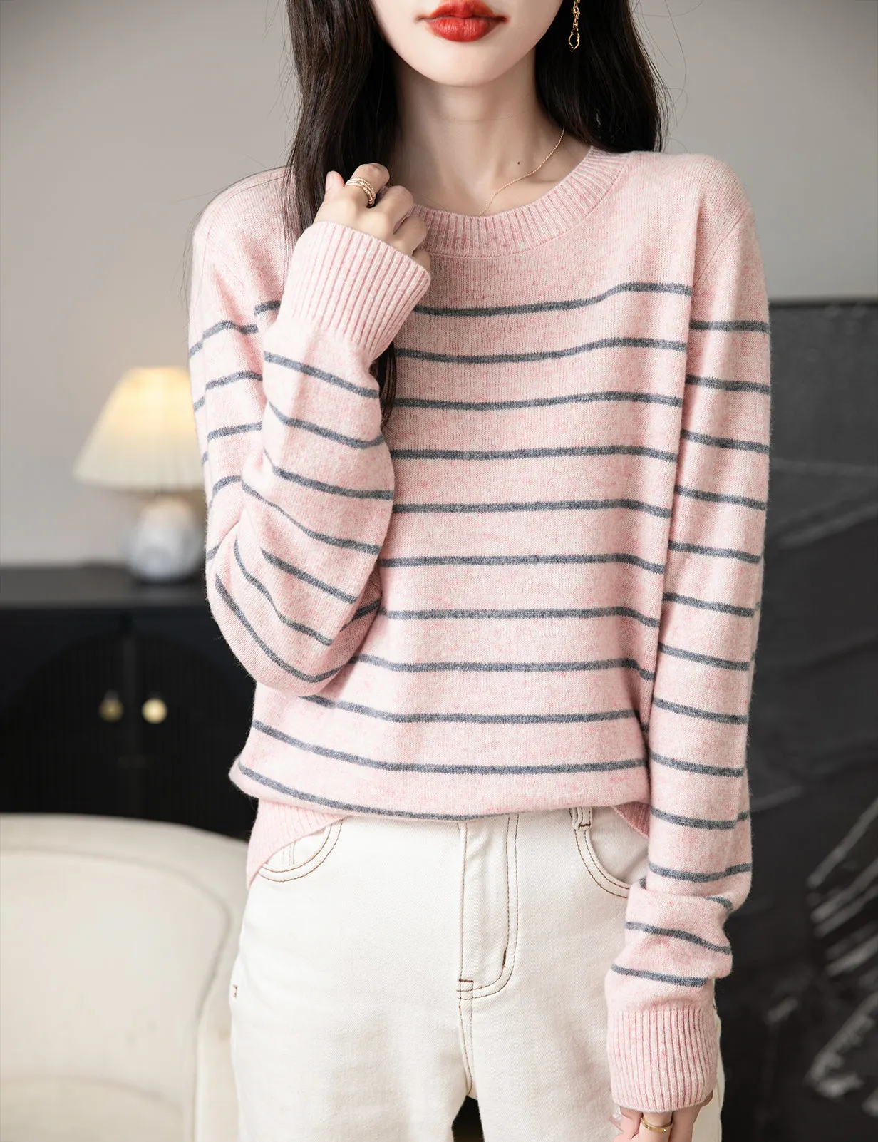 Anna Woman Long Sleeve Stripe Knitted Sweater