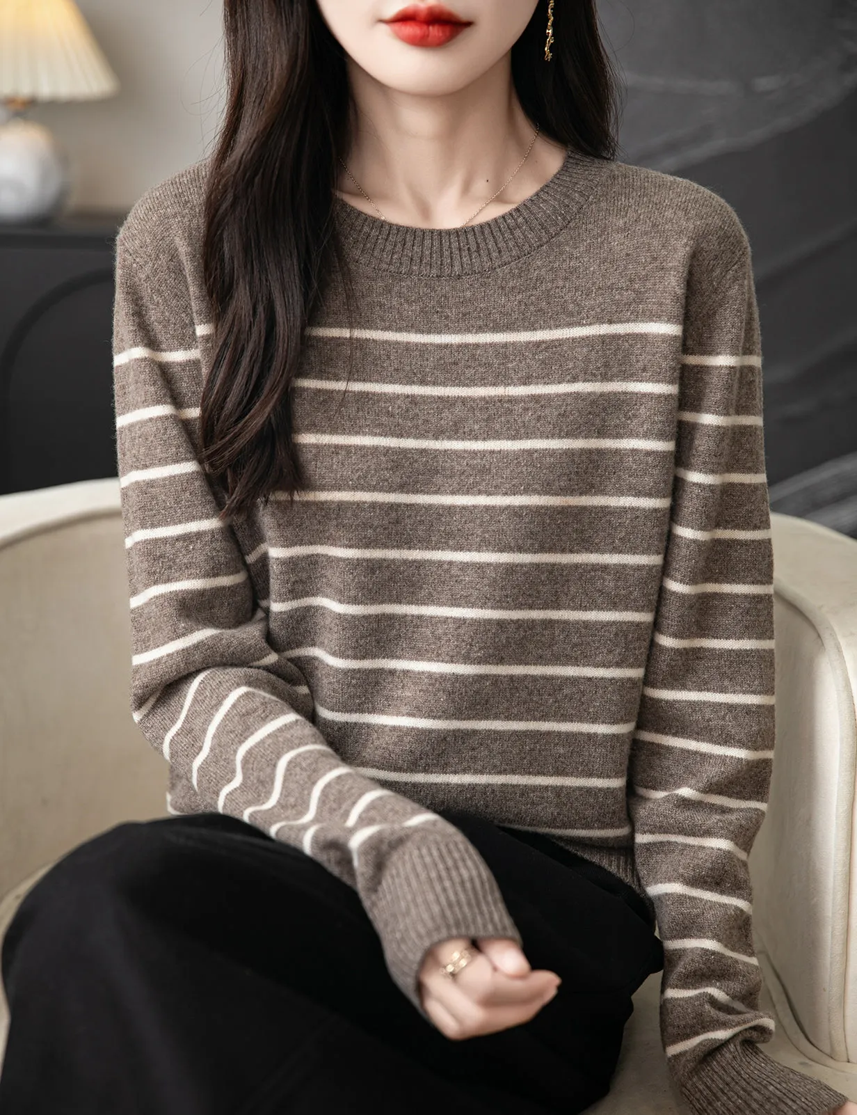 Anna Woman Long Sleeve Stripe Knitted Sweater