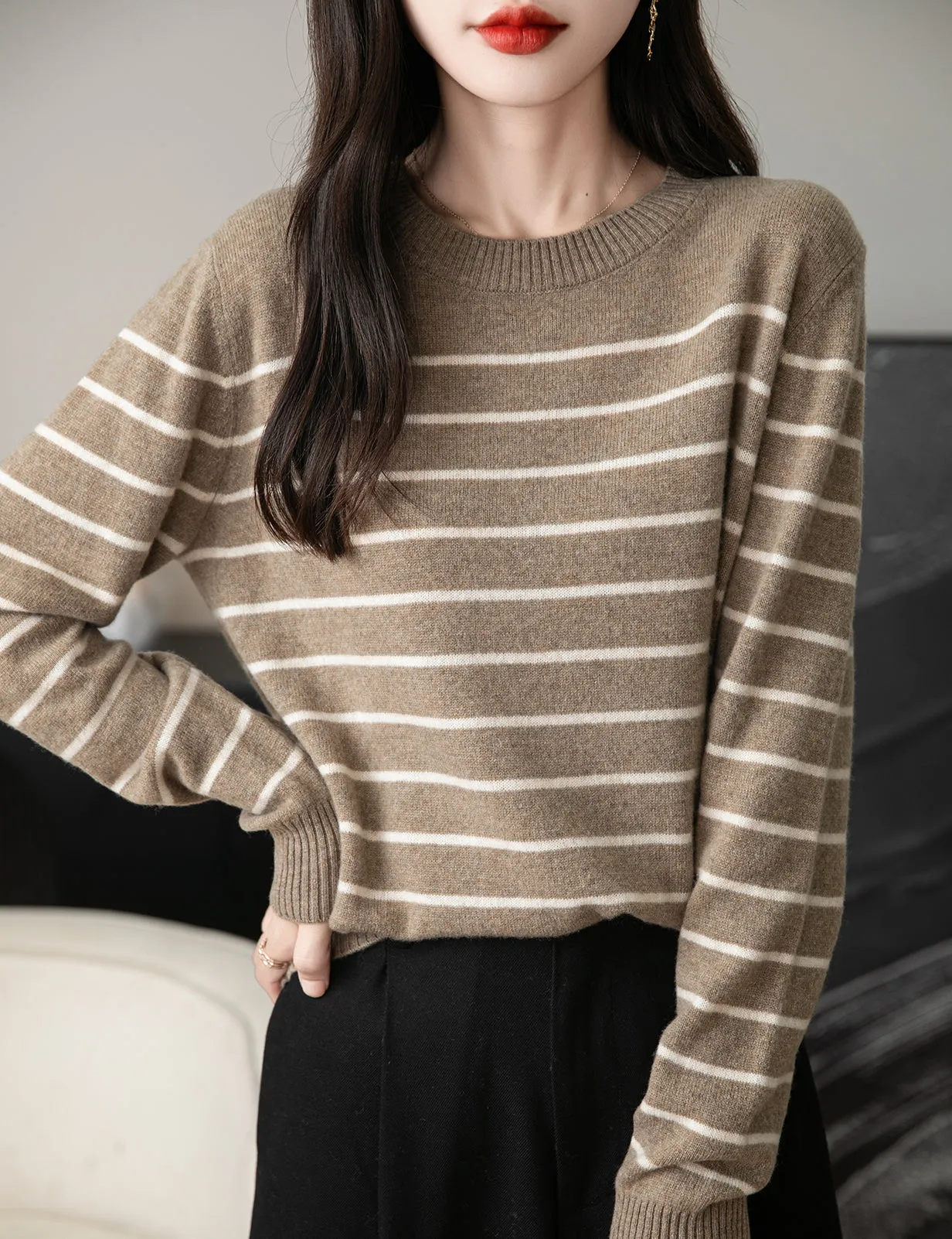 Anna Woman Long Sleeve Stripe Knitted Sweater