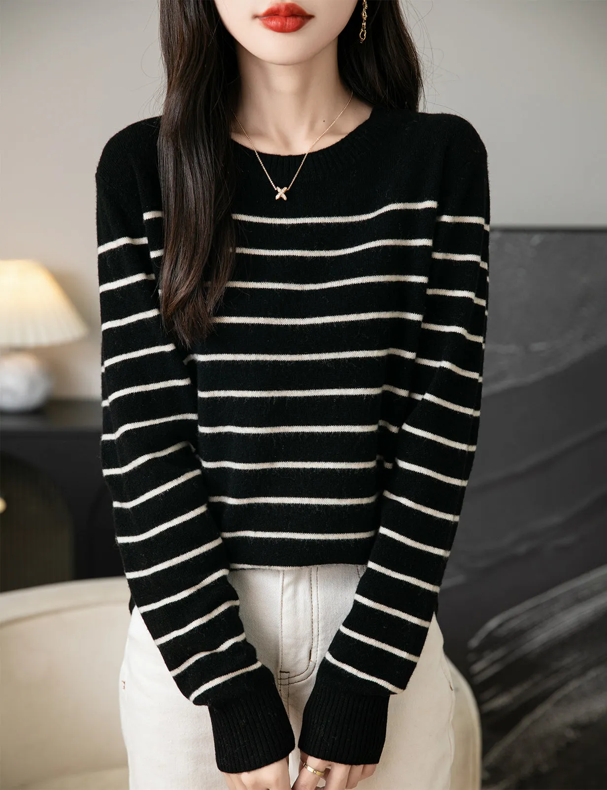 Anna Woman Long Sleeve Stripe Knitted Sweater