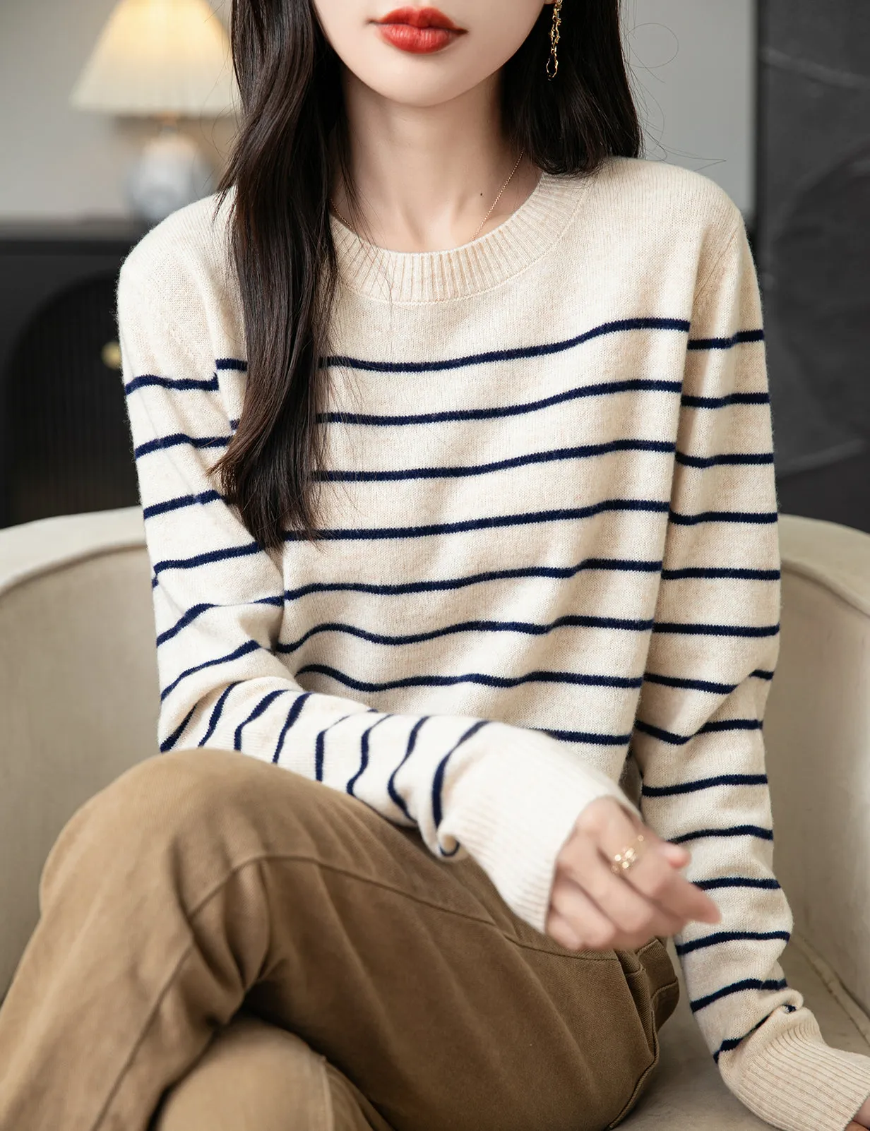 Anna Woman Long Sleeve Stripe Knitted Sweater