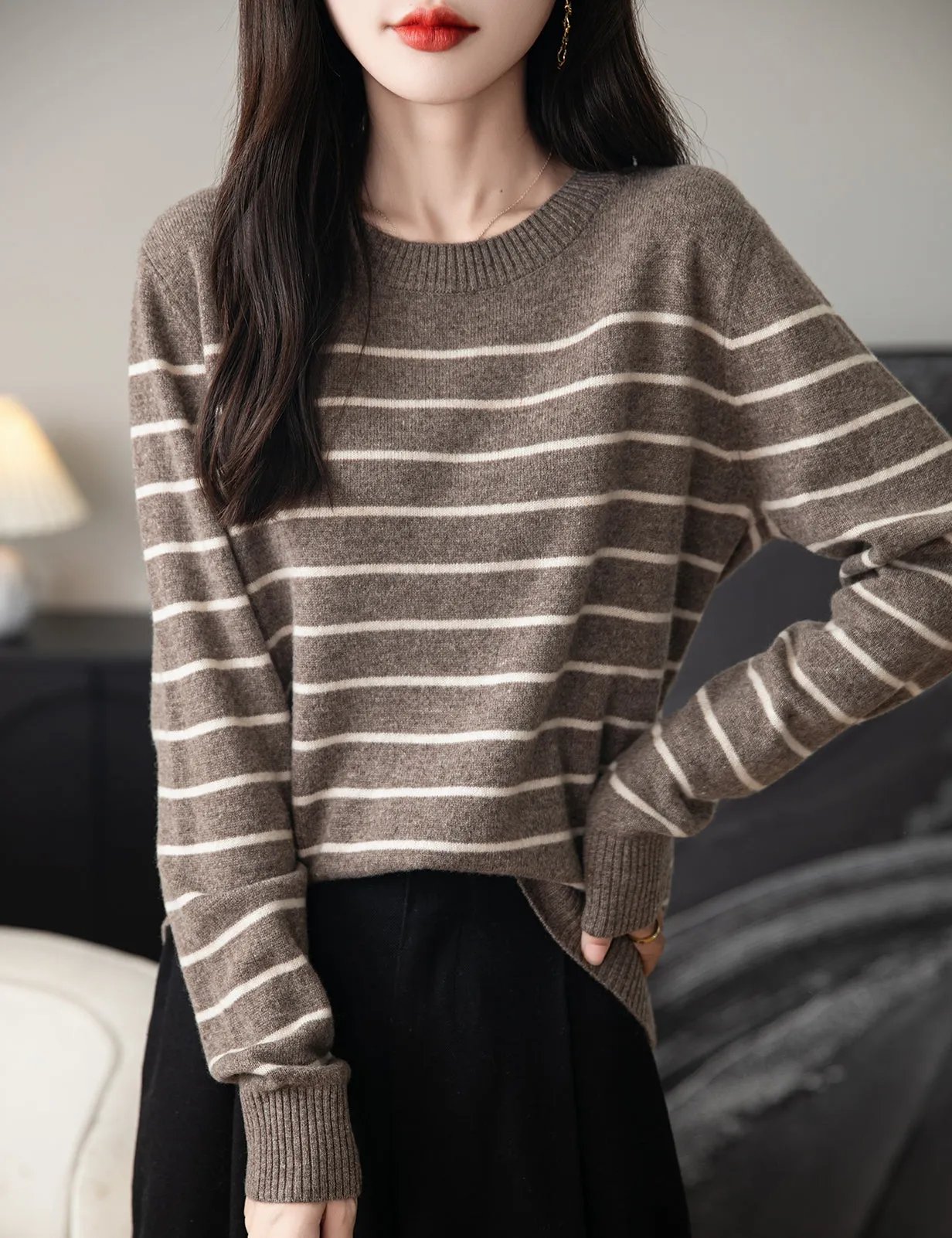 Anna Woman Long Sleeve Stripe Knitted Sweater