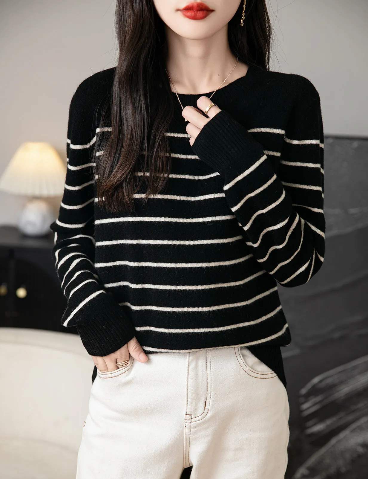 Anna Woman Long Sleeve Stripe Knitted Sweater