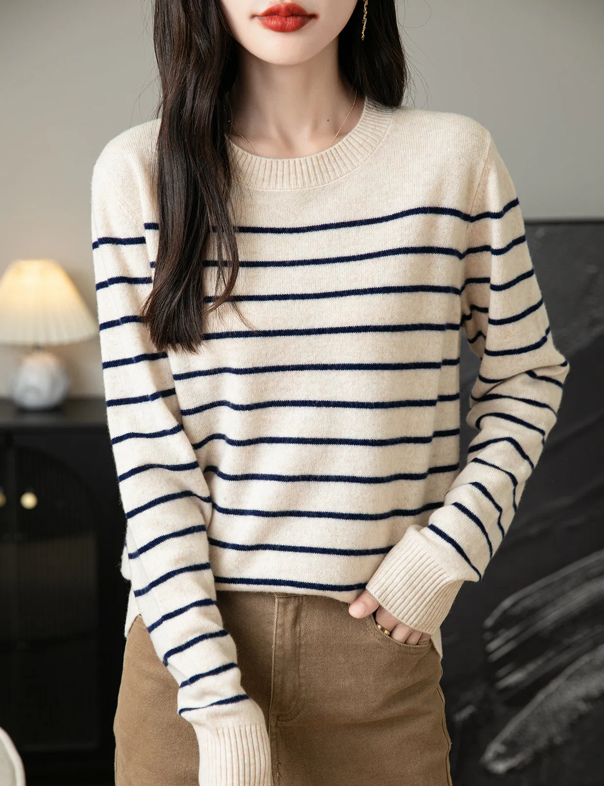 Anna Woman Long Sleeve Stripe Knitted Sweater