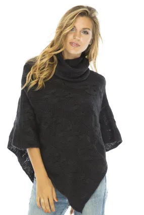 Back From Bali Womens Cable Knit Poncho Turtle Neck Sweater Cape Soft Casual