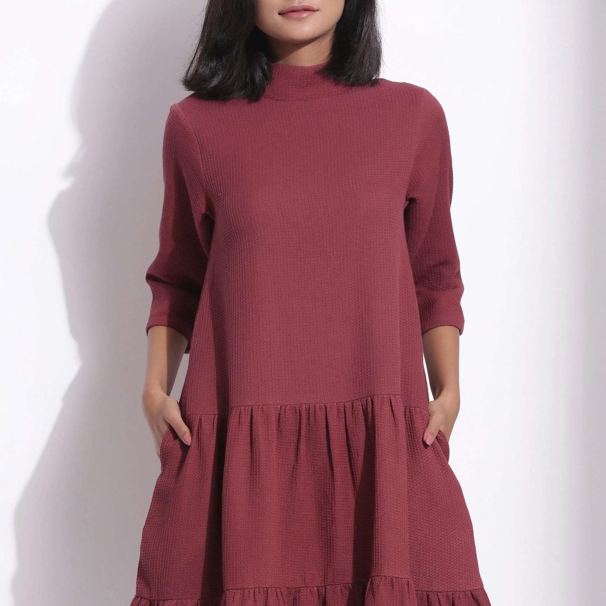 Barn Red Warm Cotton Waffle High Neck Midi Dress