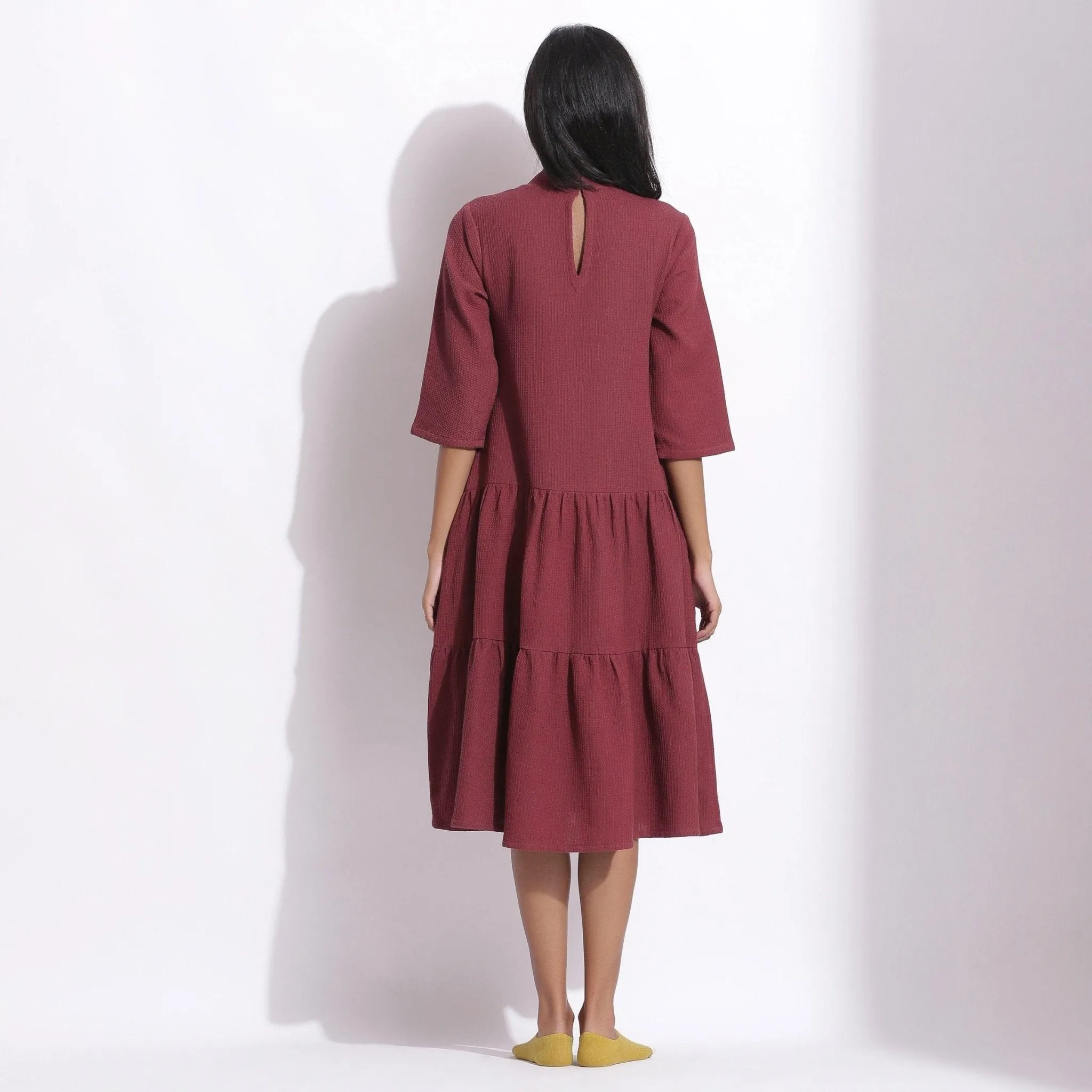 Barn Red Warm Cotton Waffle High Neck Midi Dress