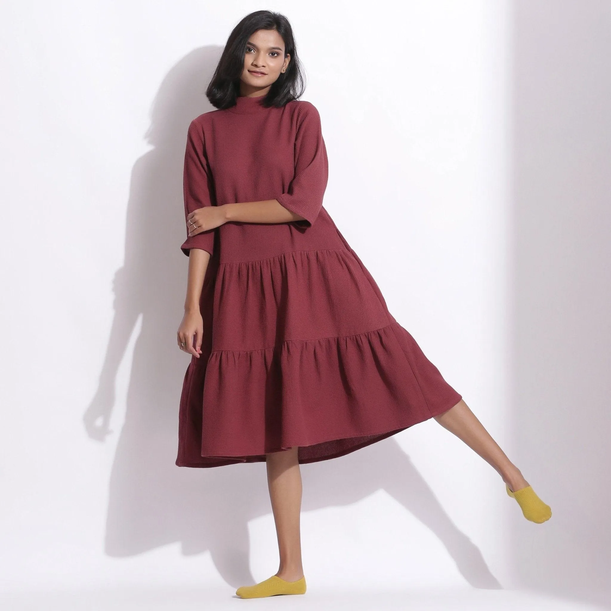 Barn Red Warm Cotton Waffle High Neck Midi Dress