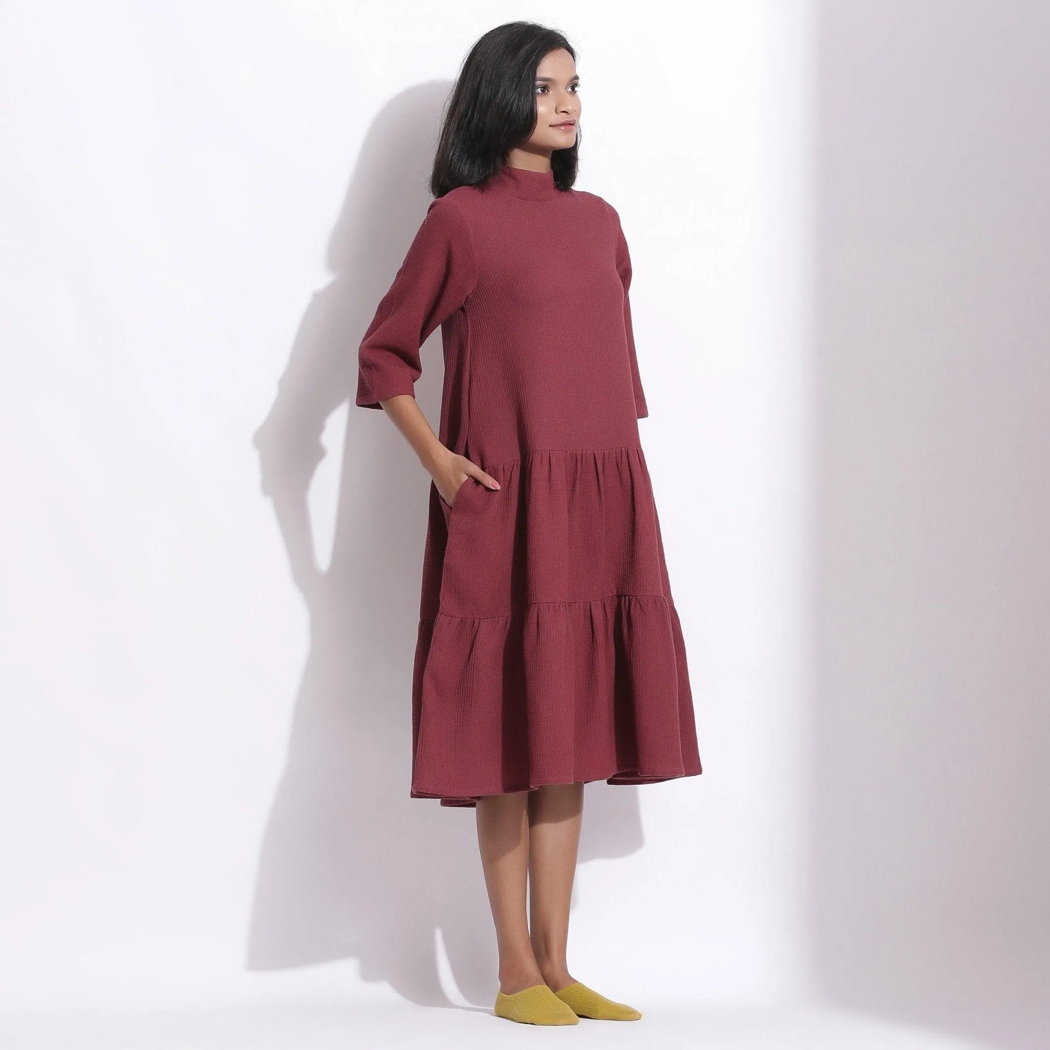 Barn Red Warm Cotton Waffle High Neck Midi Dress