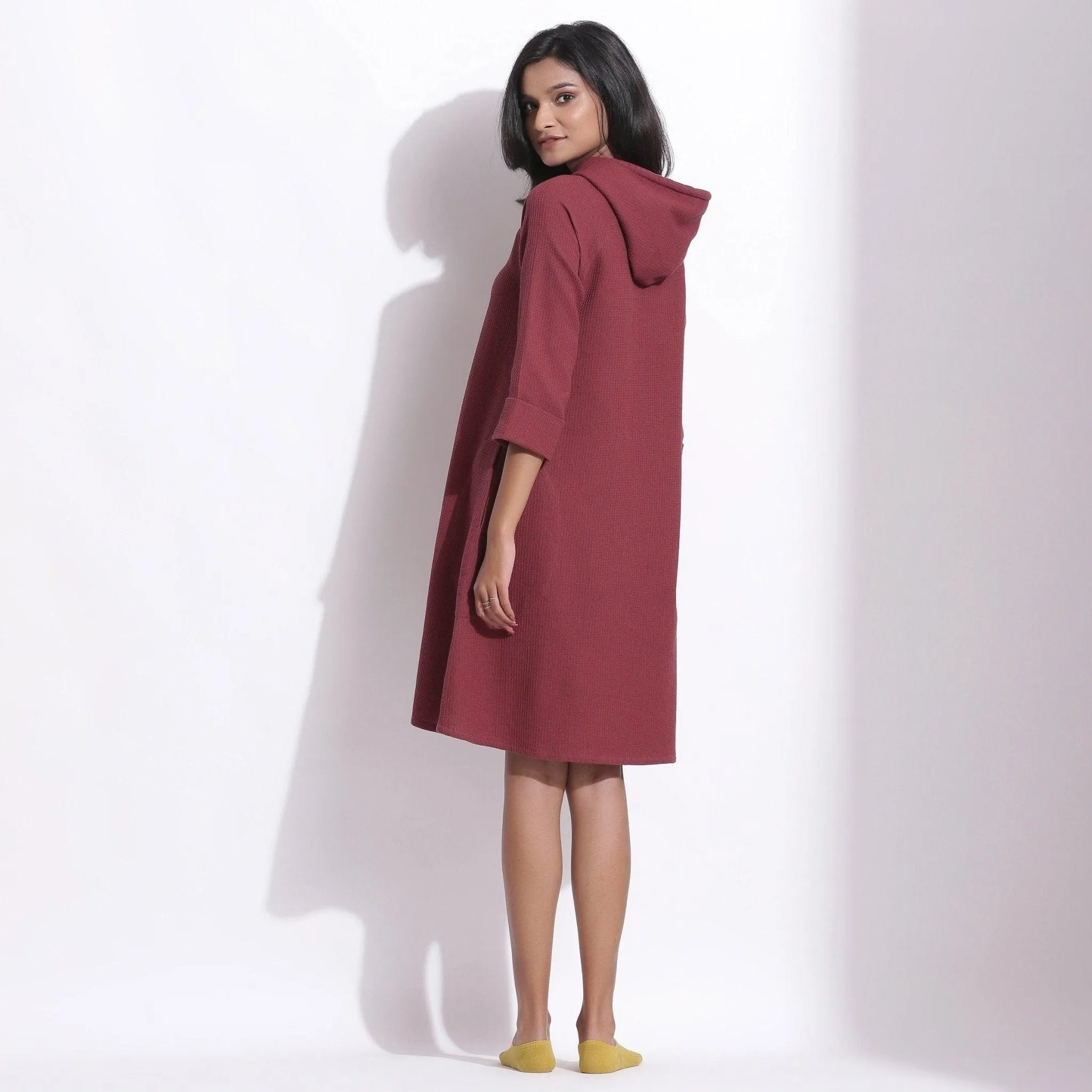 Barn Red Warm Cotton Waffle Knee Length Hoodie Dress