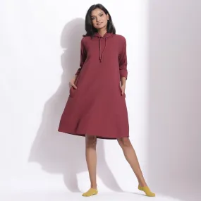 Barn Red Warm Cotton Waffle Knee Length Hoodie Dress