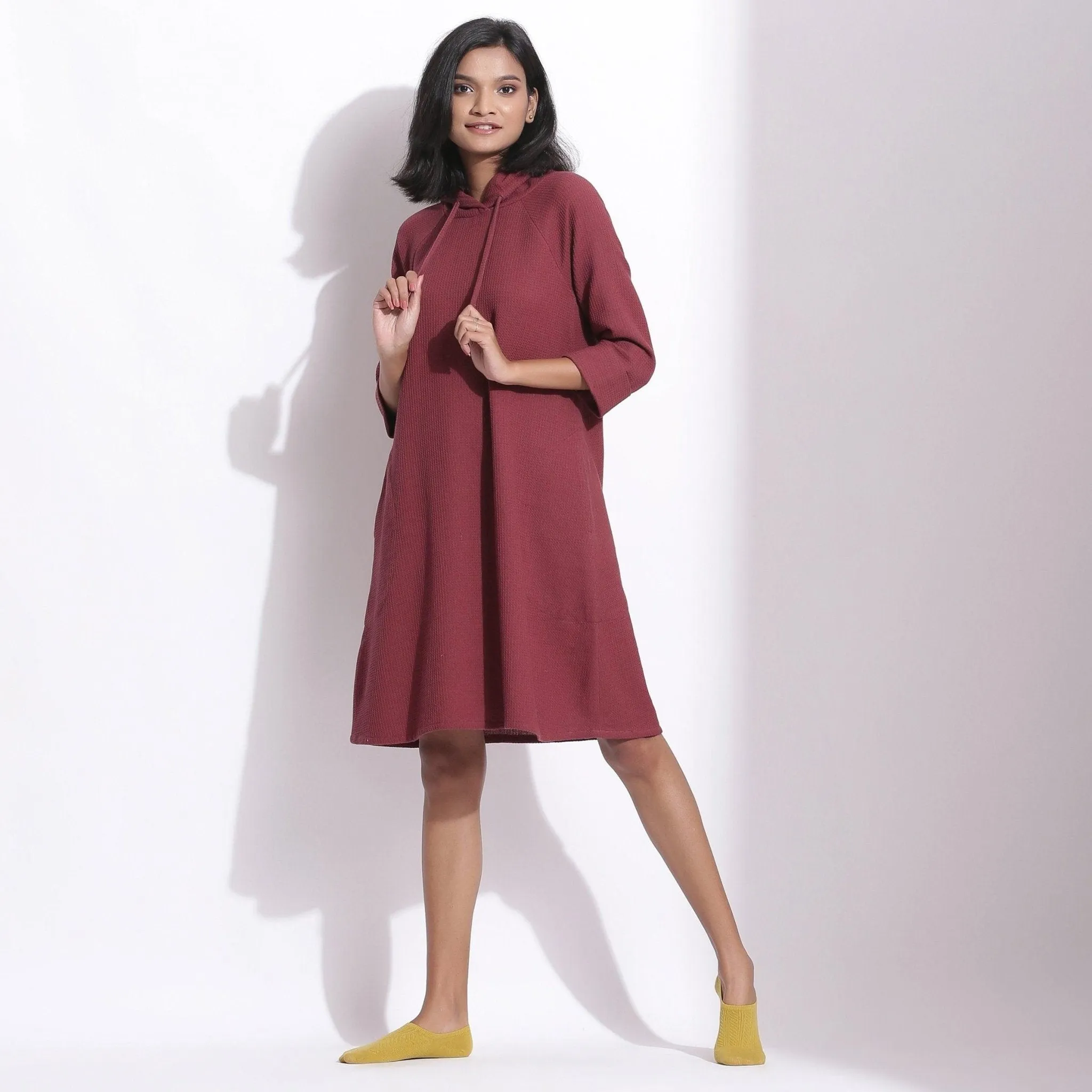 Barn Red Warm Cotton Waffle Knee Length Hoodie Dress