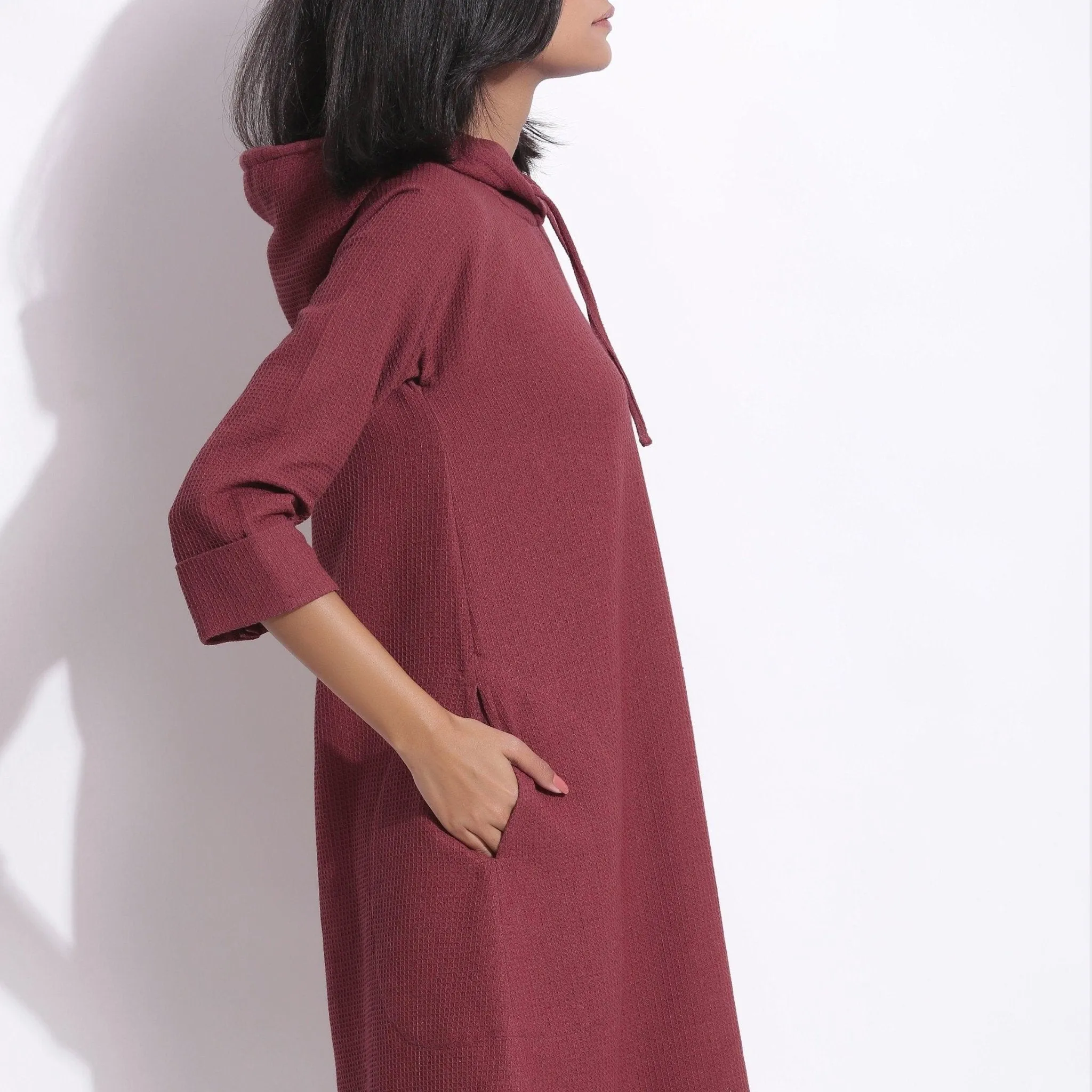 Barn Red Warm Cotton Waffle Knee Length Hoodie Dress