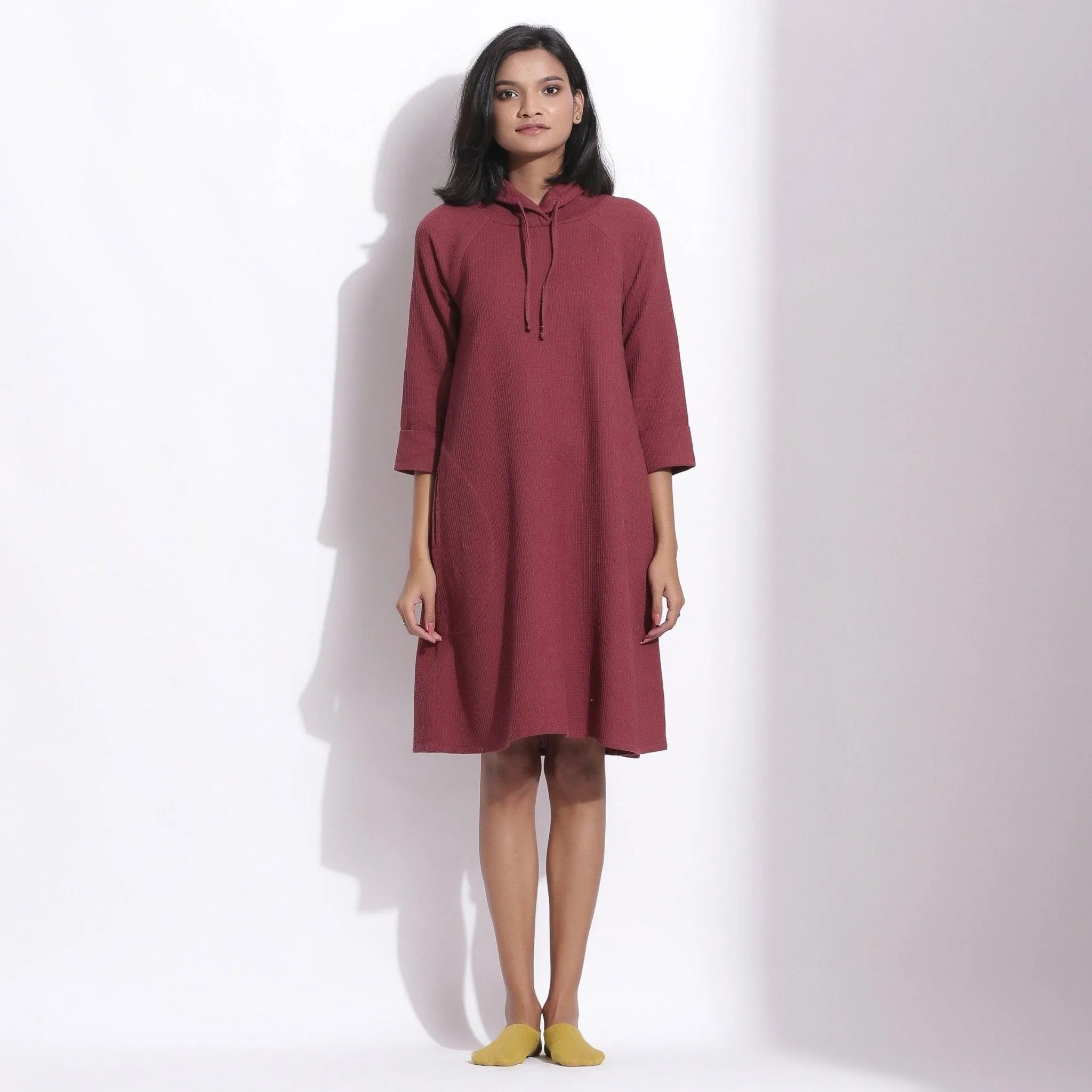 Barn Red Warm Cotton Waffle Knee Length Hoodie Dress