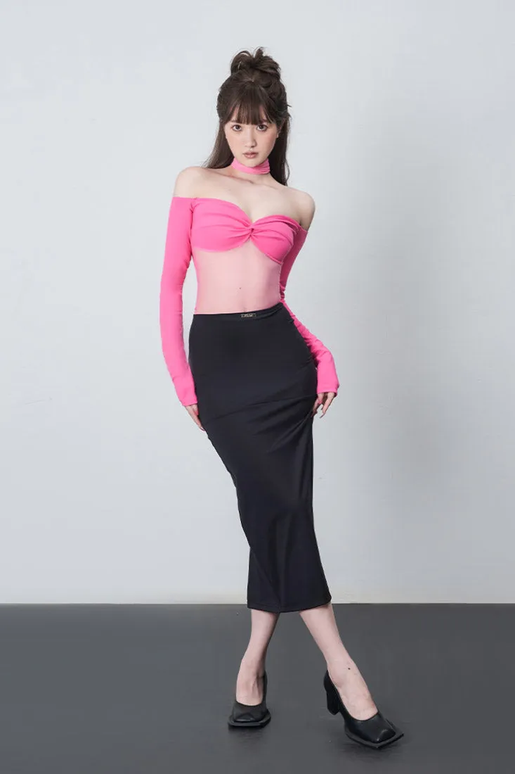 black back slit high waist a-line long skirt