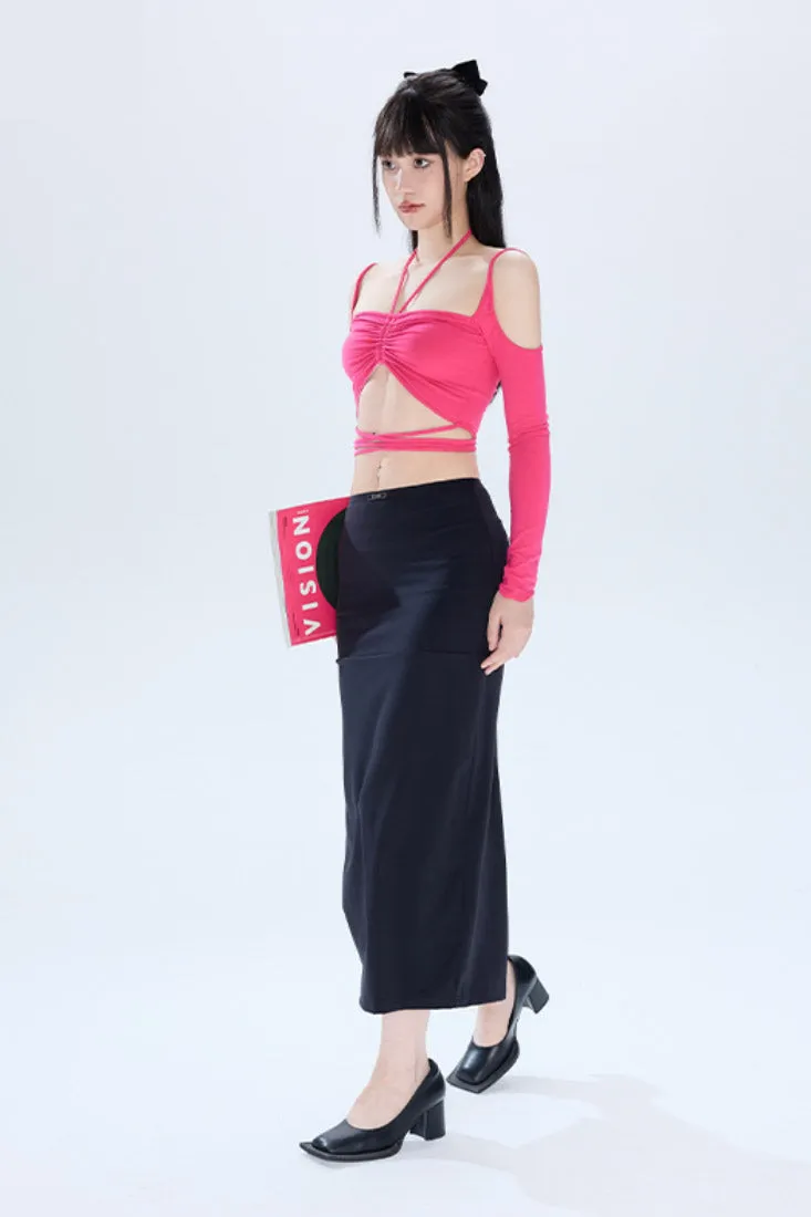 black back slit high waist a-line long skirt