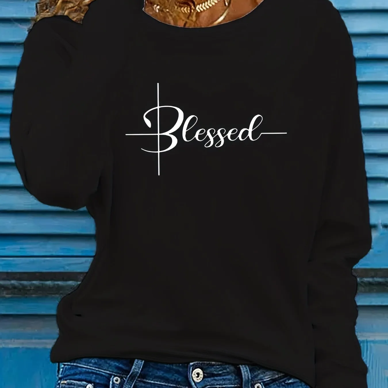 Blessed Print Crew Neck Women's Long Sleeve T-Shirts