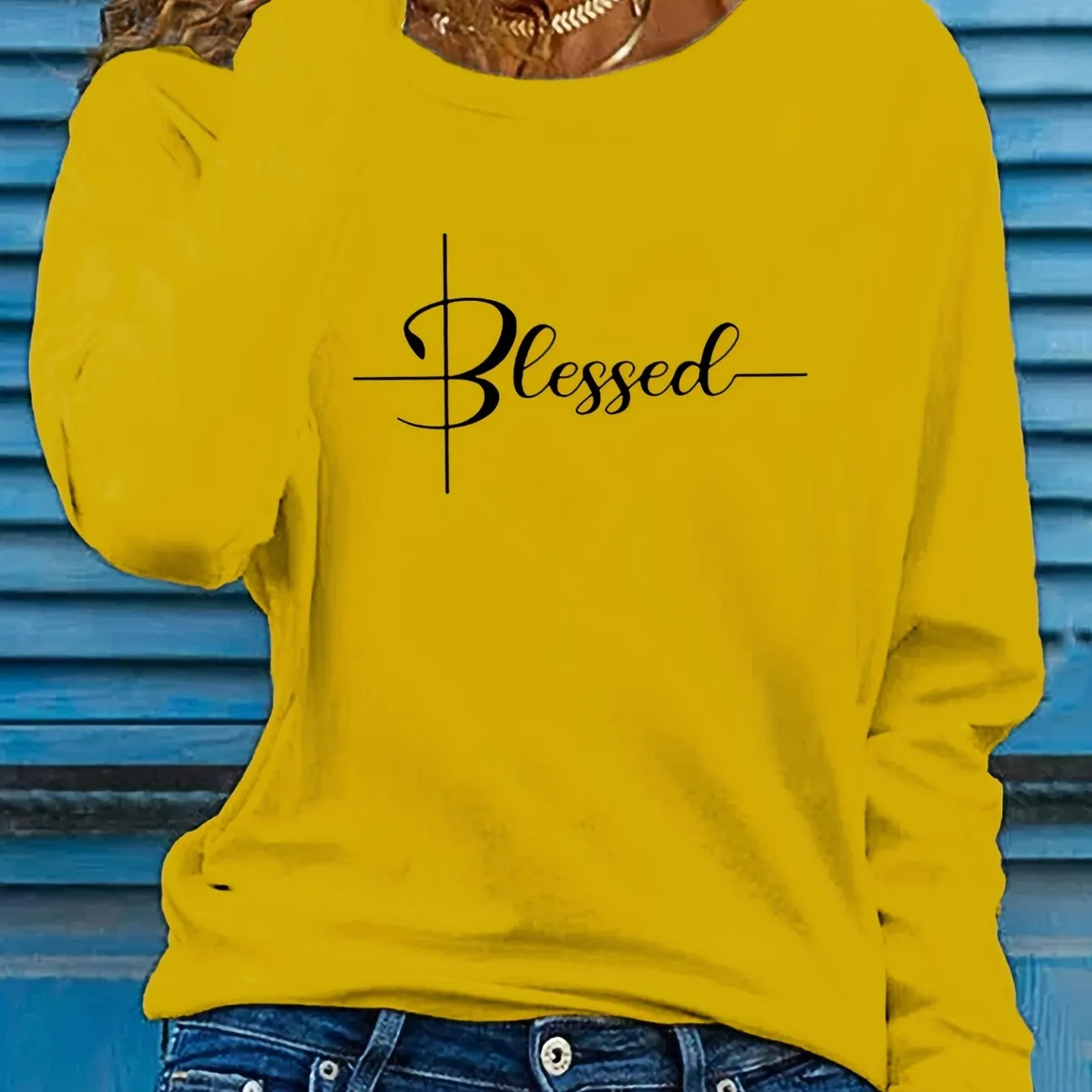 Blessed Print Crew Neck Women's Long Sleeve T-Shirts