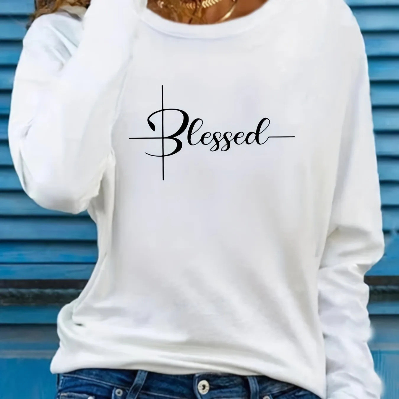 Blessed Print Crew Neck Women's Long Sleeve T-Shirts