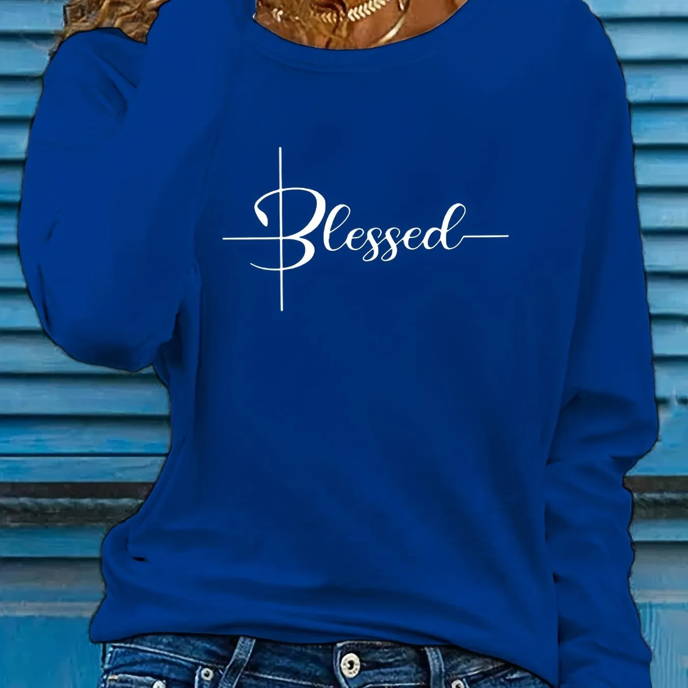 Blessed Print Crew Neck Women's Long Sleeve T-Shirts