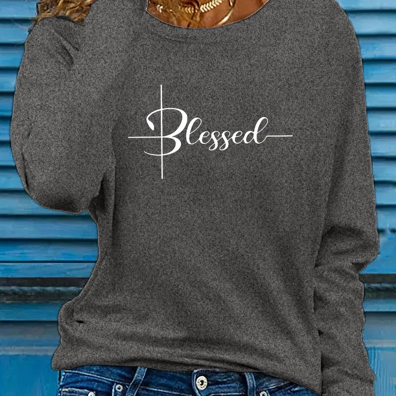 Blessed Print Crew Neck Women's Long Sleeve T-Shirts