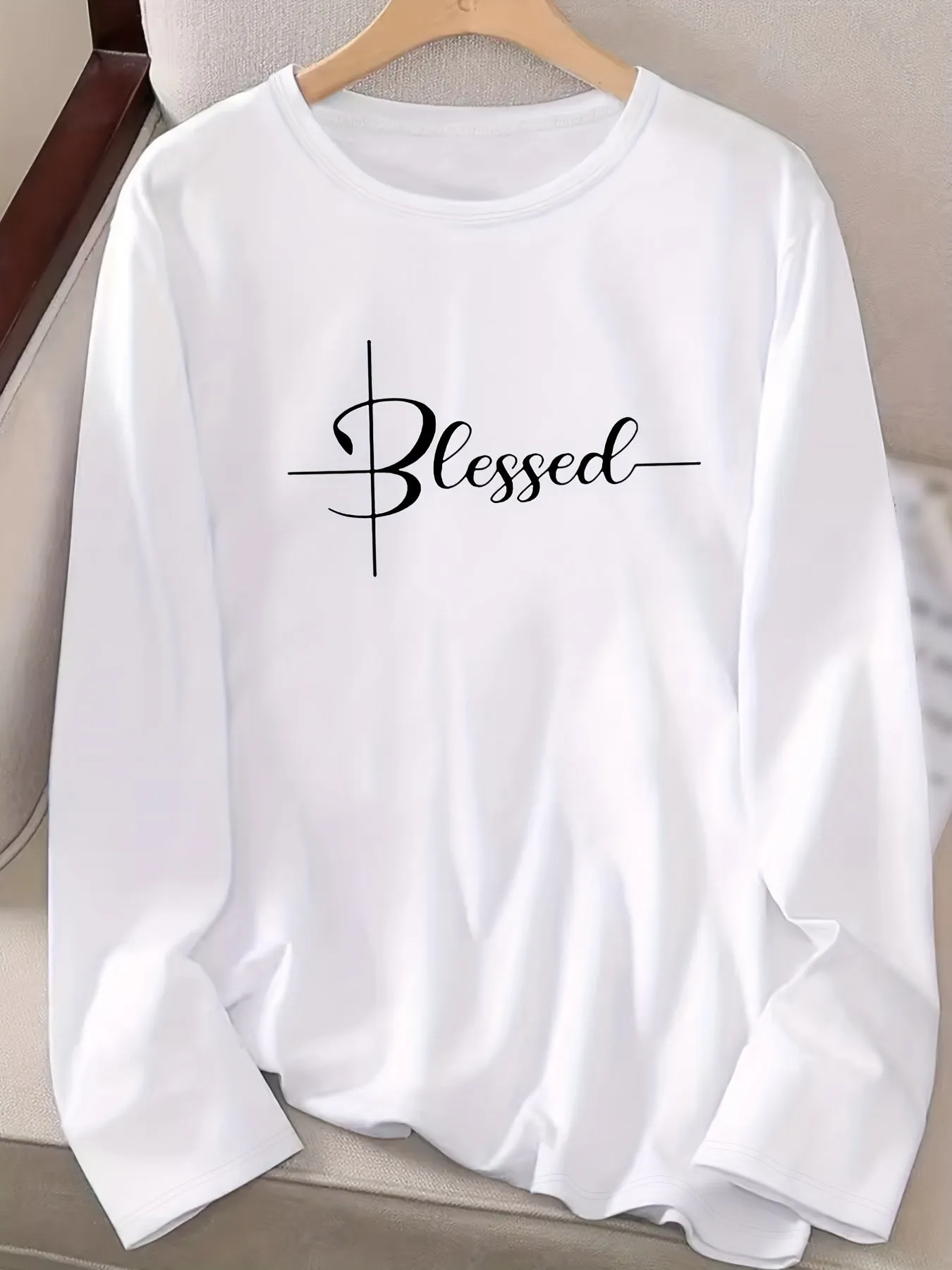 Blessed Print Crew Neck Women's Long Sleeve T-Shirts