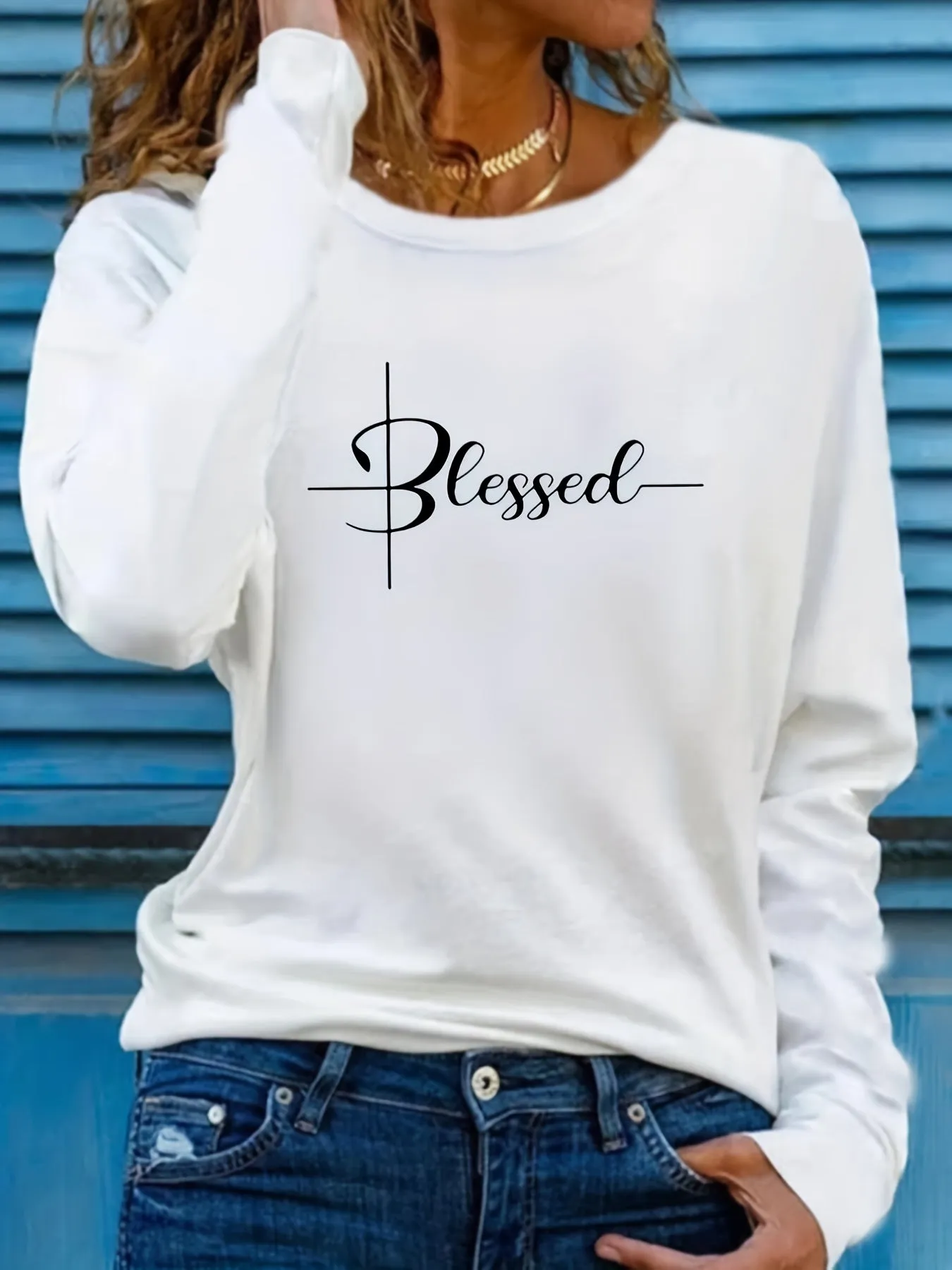 Blessed Print Crew Neck Women's Long Sleeve T-Shirts