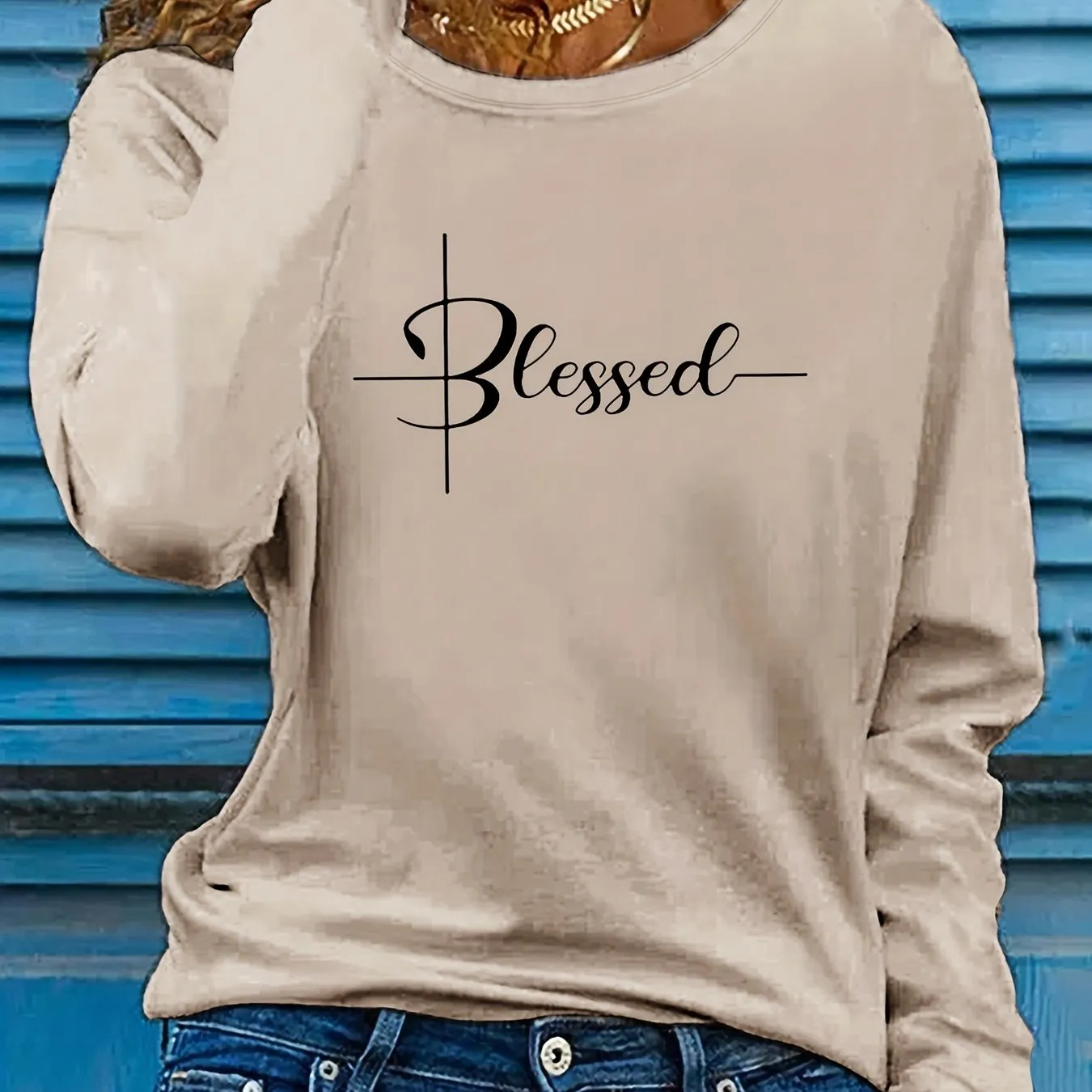 Blessed Print Crew Neck Women's Long Sleeve T-Shirts