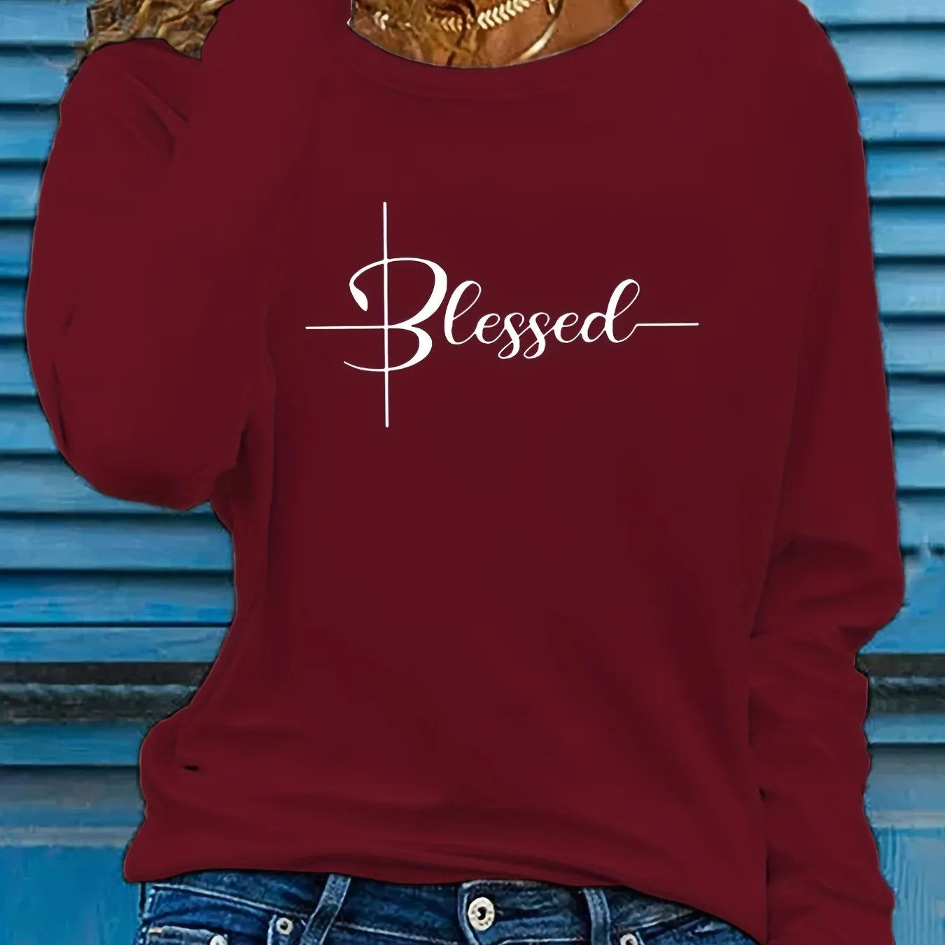 Blessed Print Crew Neck Women's Long Sleeve T-Shirts