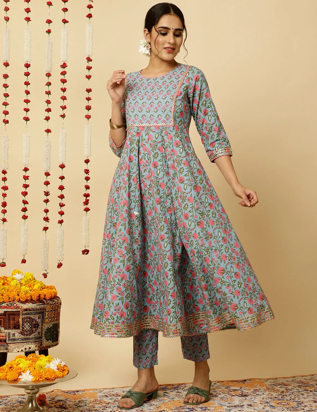 Blue Ethnic Print Anarkali Kurta With Pants And Dupatta