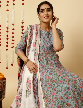 Blue Ethnic Print Anarkali Kurta With Pants And Dupatta