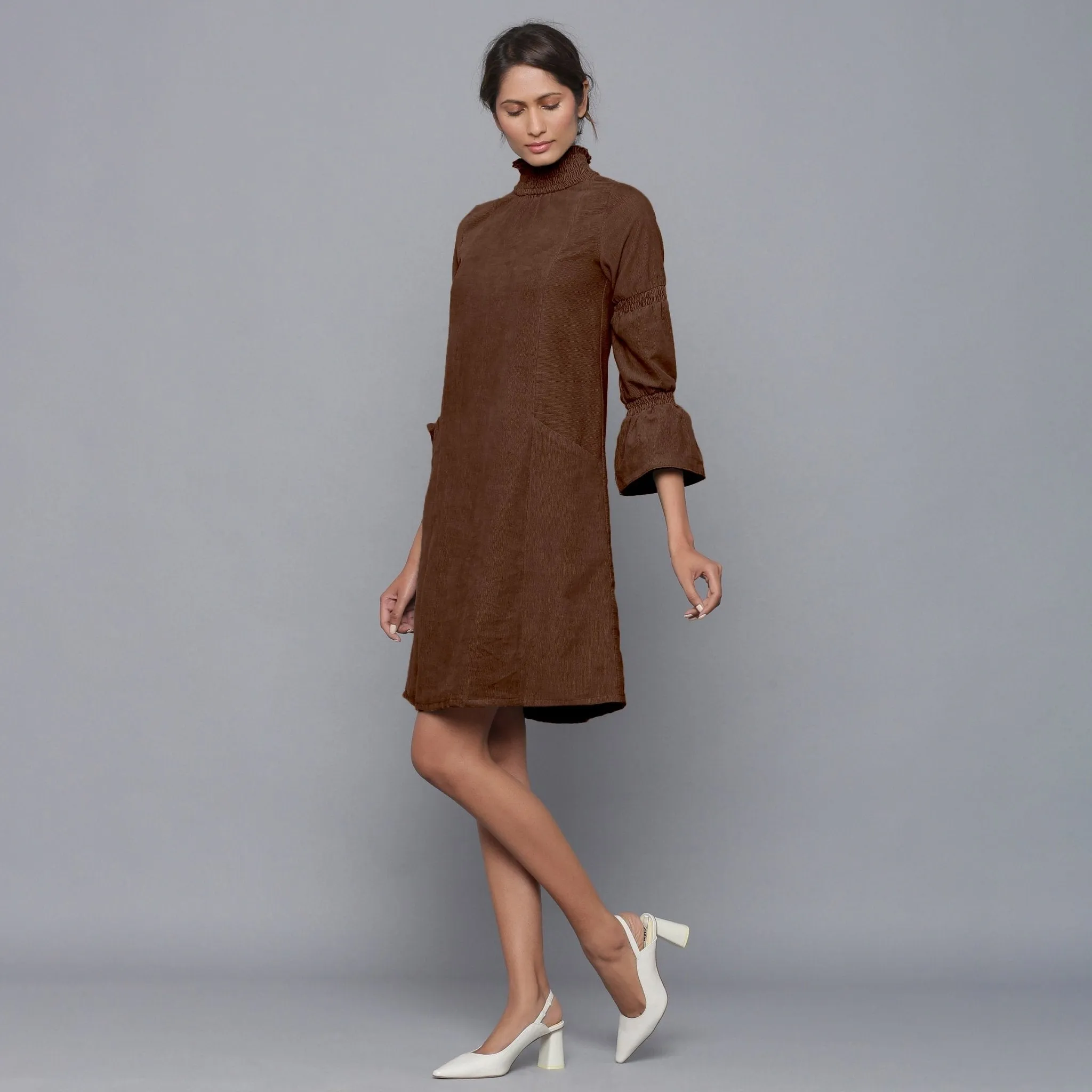 Brown Warm Cotton Corduroy High Neck Short Dress