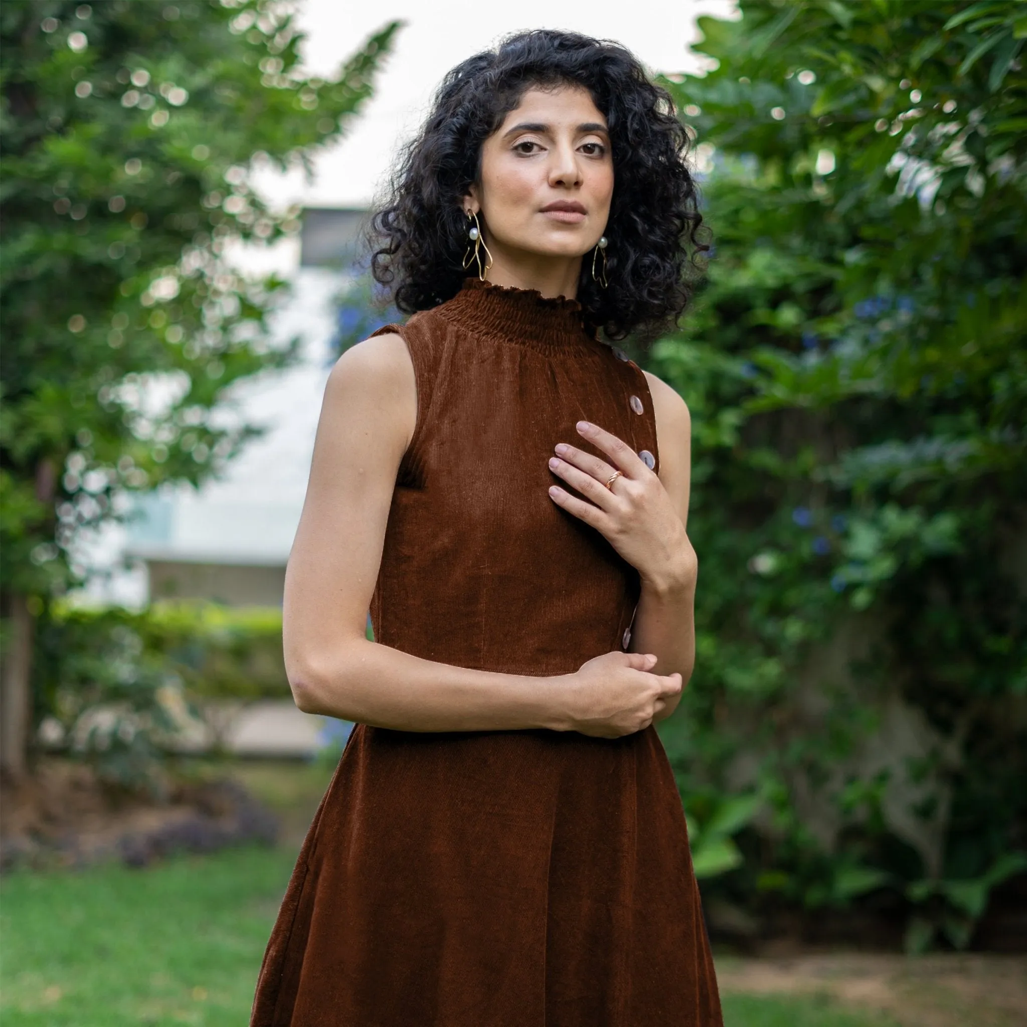 Brown Warm Cotton Corduroy High-Neck Sleeveless Slit Dress