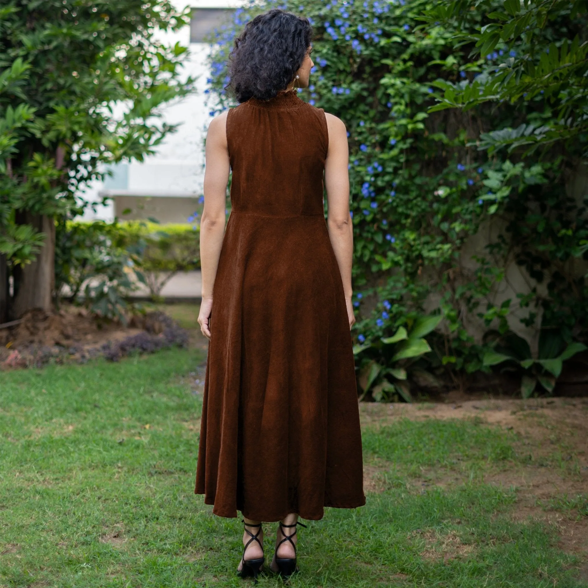 Brown Warm Cotton Corduroy High-Neck Sleeveless Slit Dress