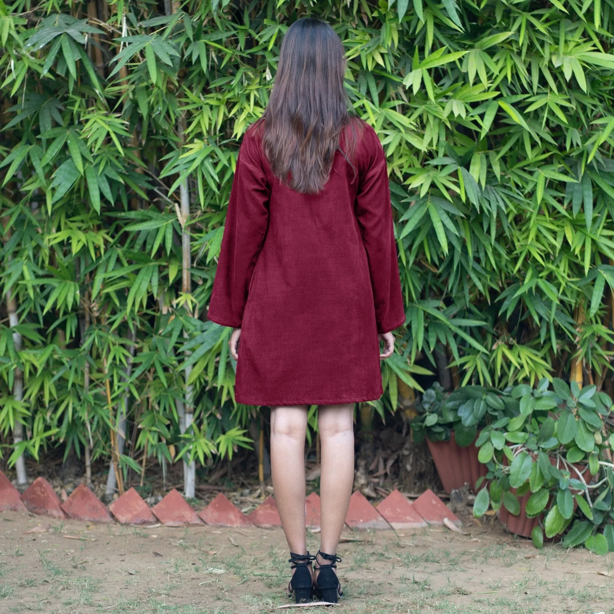 Burgundy Warm Cotton Corduroy A-Line Short Dress