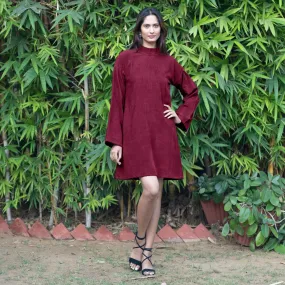 Burgundy Warm Cotton Corduroy A-Line Short Dress