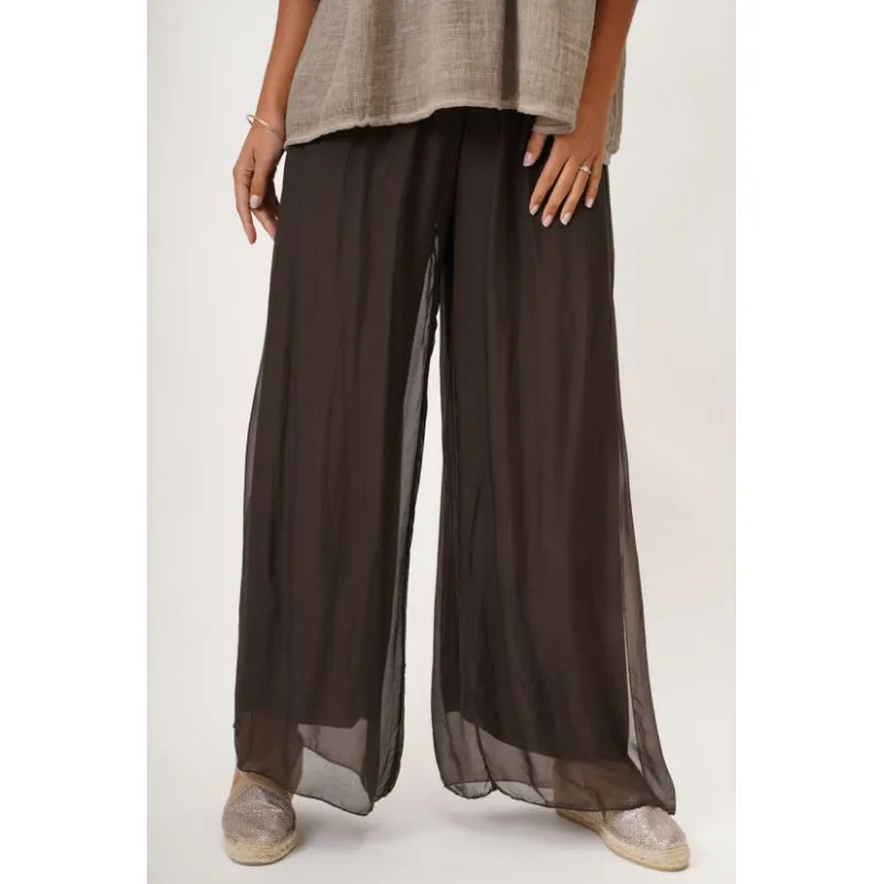 Chiffon Flowy Slit Pants - Chocolate