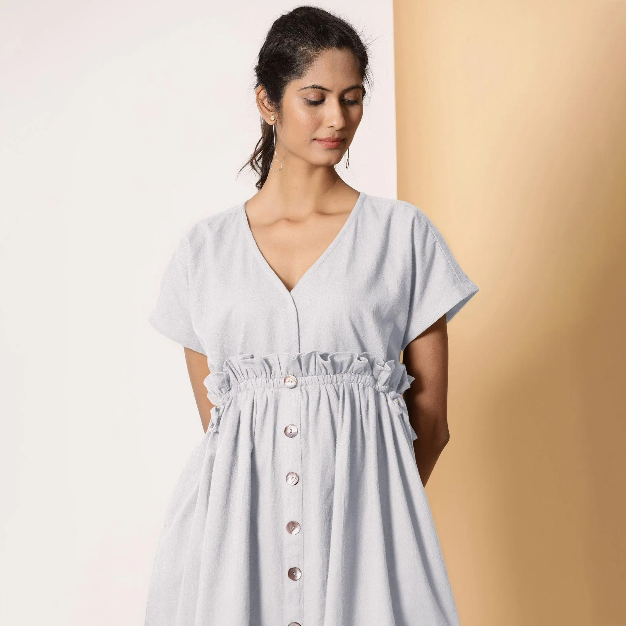 Cloudy Grey Warm Cotton Flannel Knee Length Frilled Dress